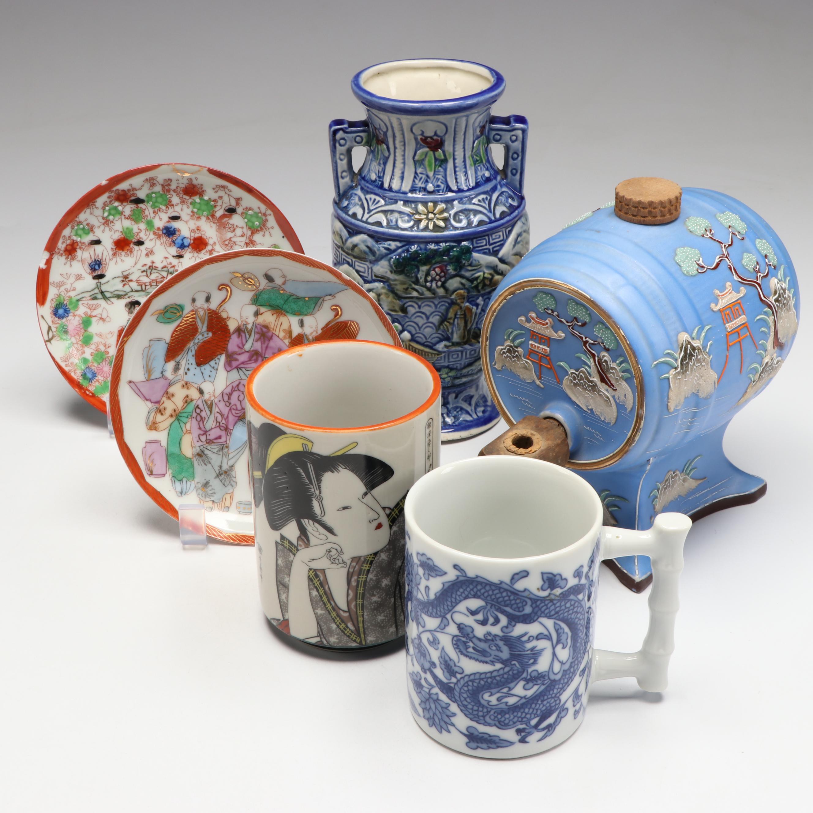 Japanese Moriage Porcelain Sake Decanter with Other Tableware and Decor