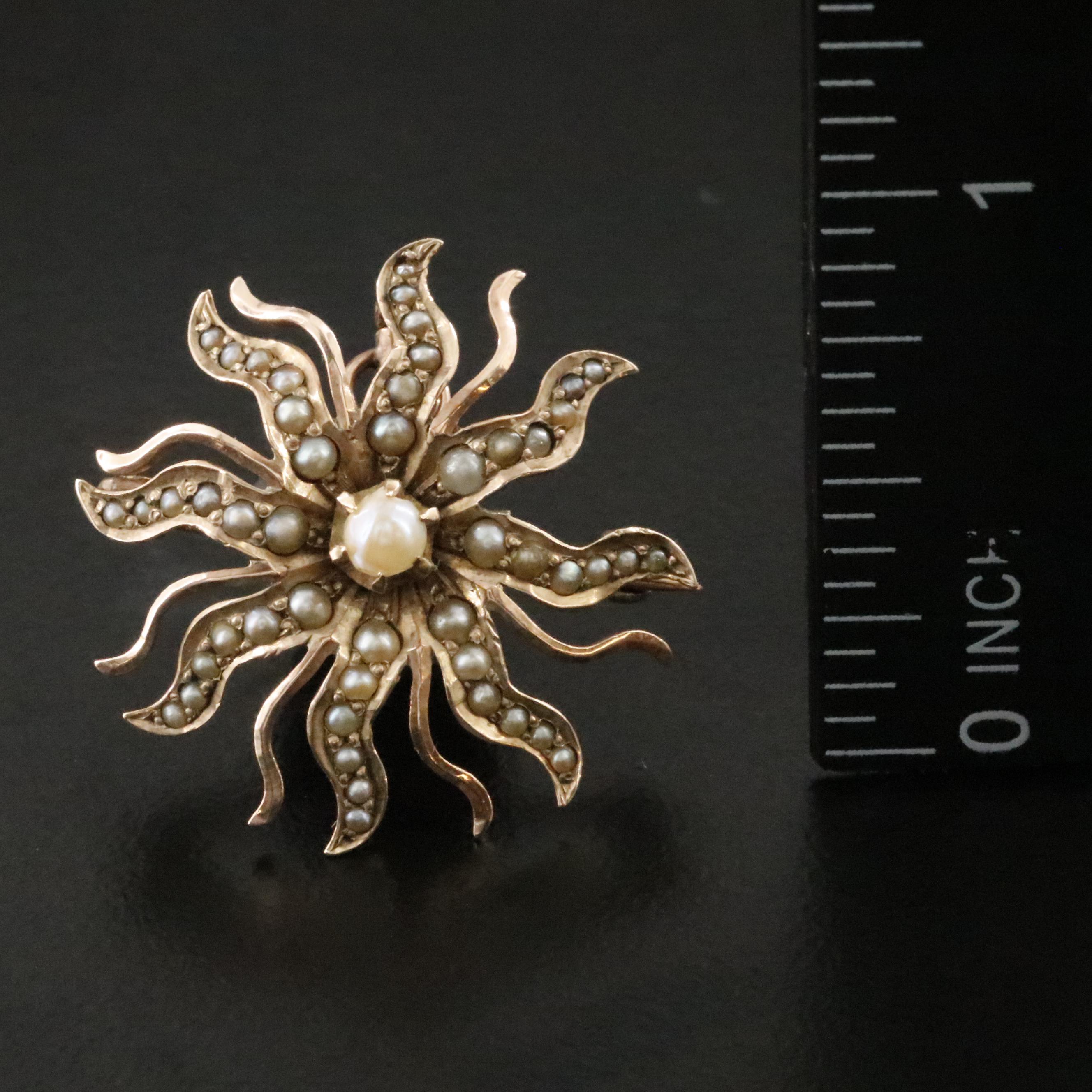 Early 1900s 10K Rose Gold Pearl and Seed Pearl Sunburst Converter Brooch