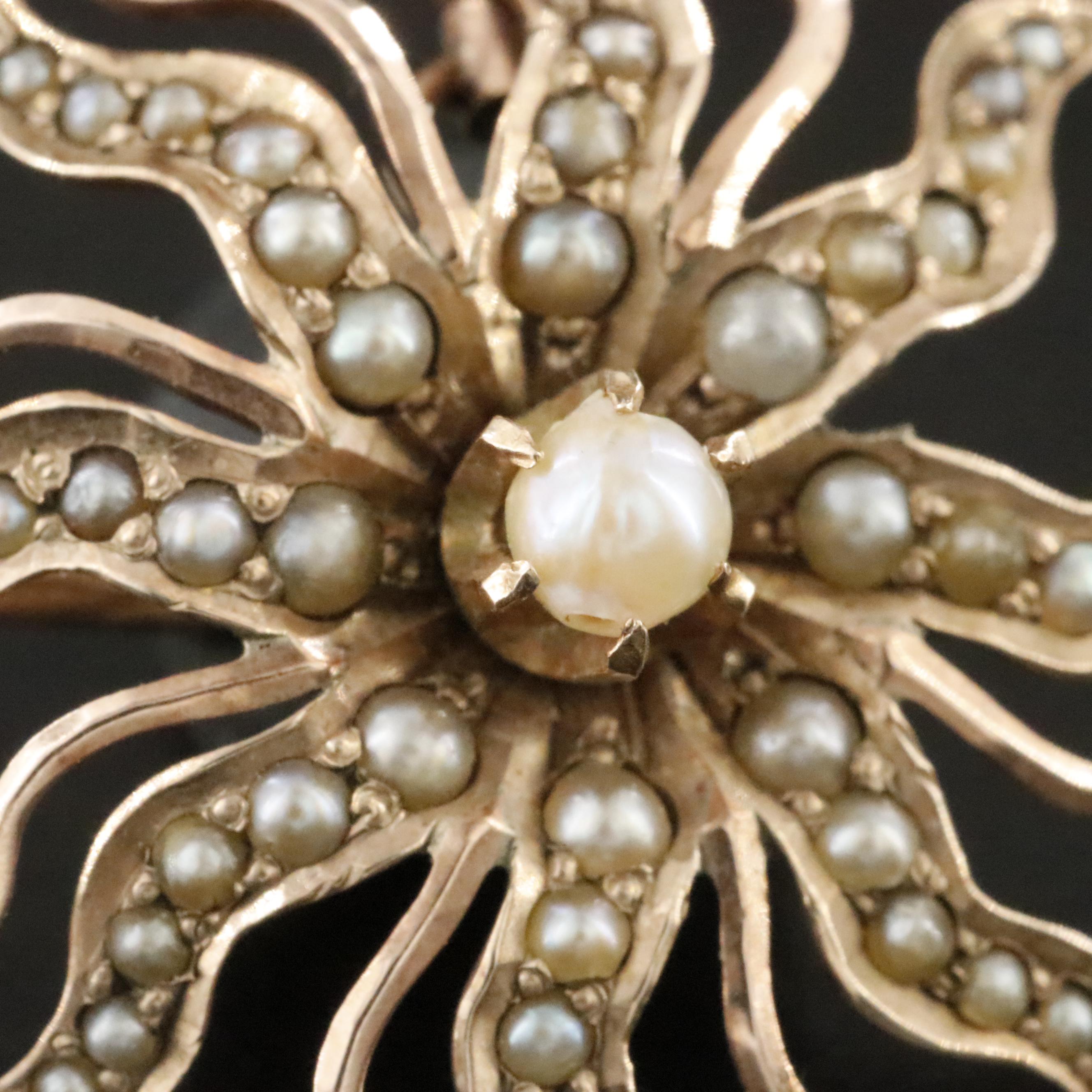 Early 1900s 10K Rose Gold Pearl and Seed Pearl Sunburst Converter Brooch