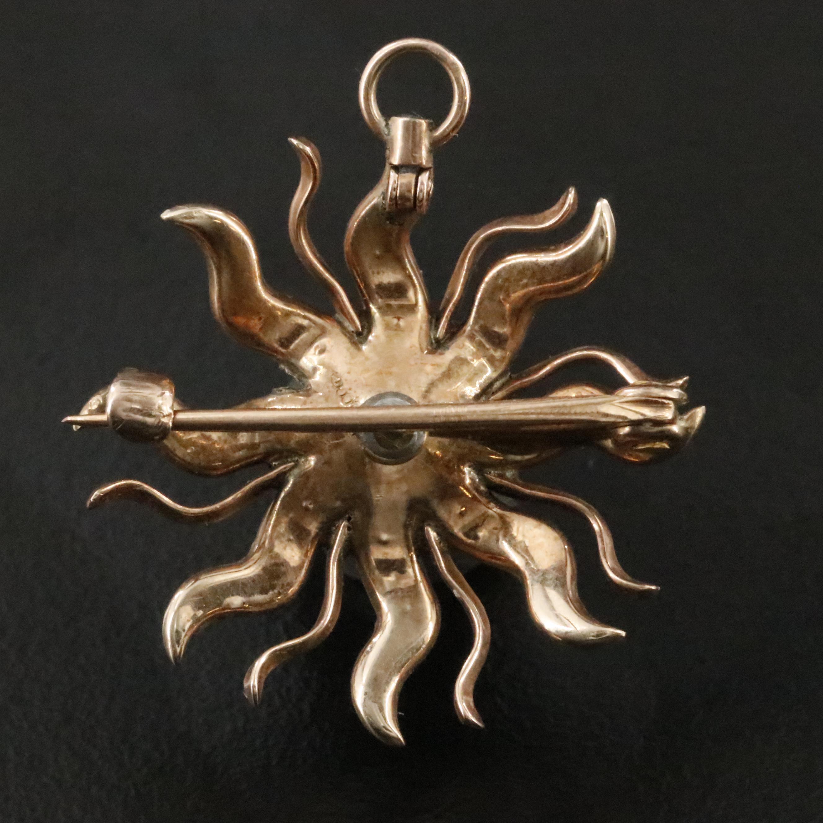 Early 1900s 10K Rose Gold Pearl and Seed Pearl Sunburst Converter Brooch