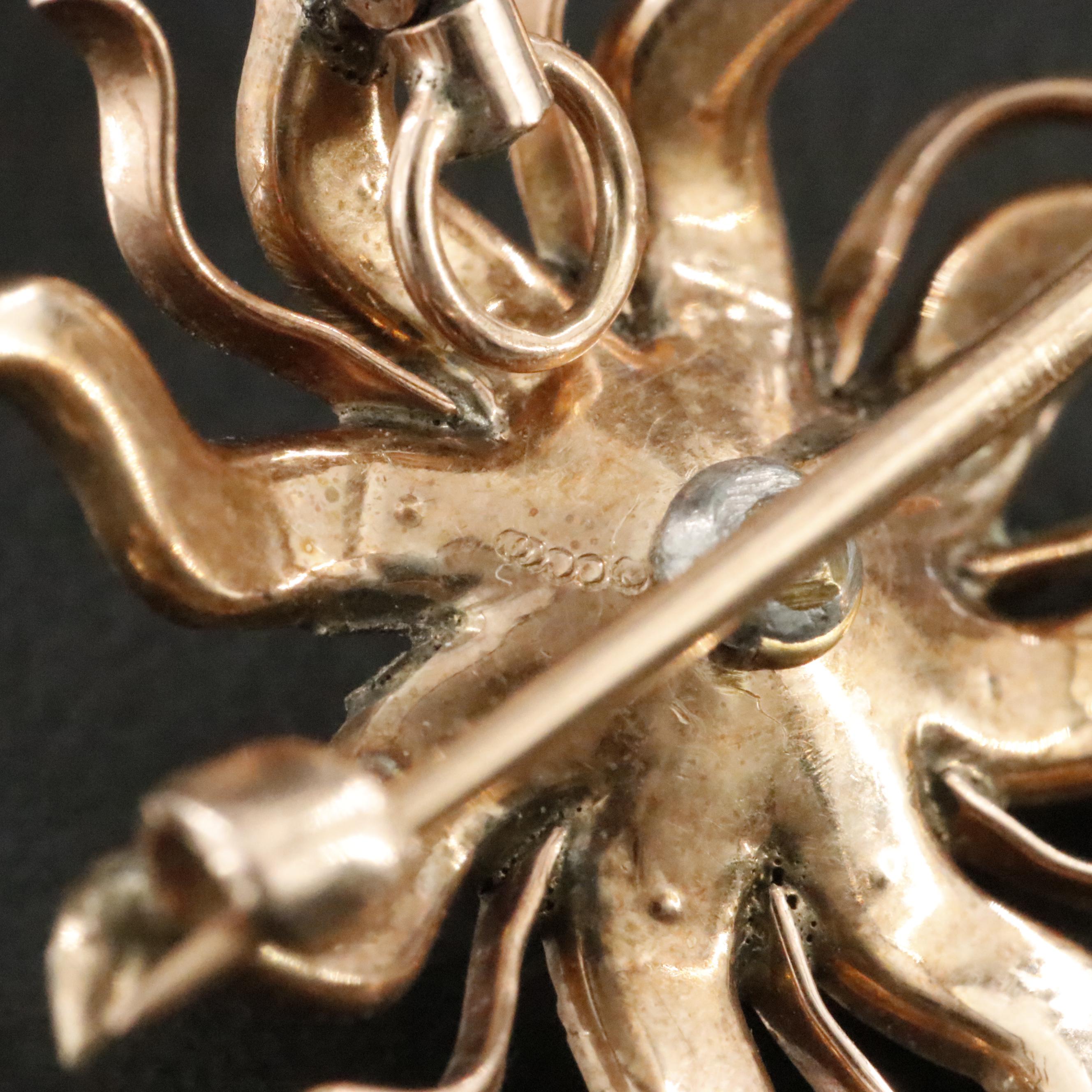 Early 1900s 10K Rose Gold Pearl and Seed Pearl Sunburst Converter Brooch