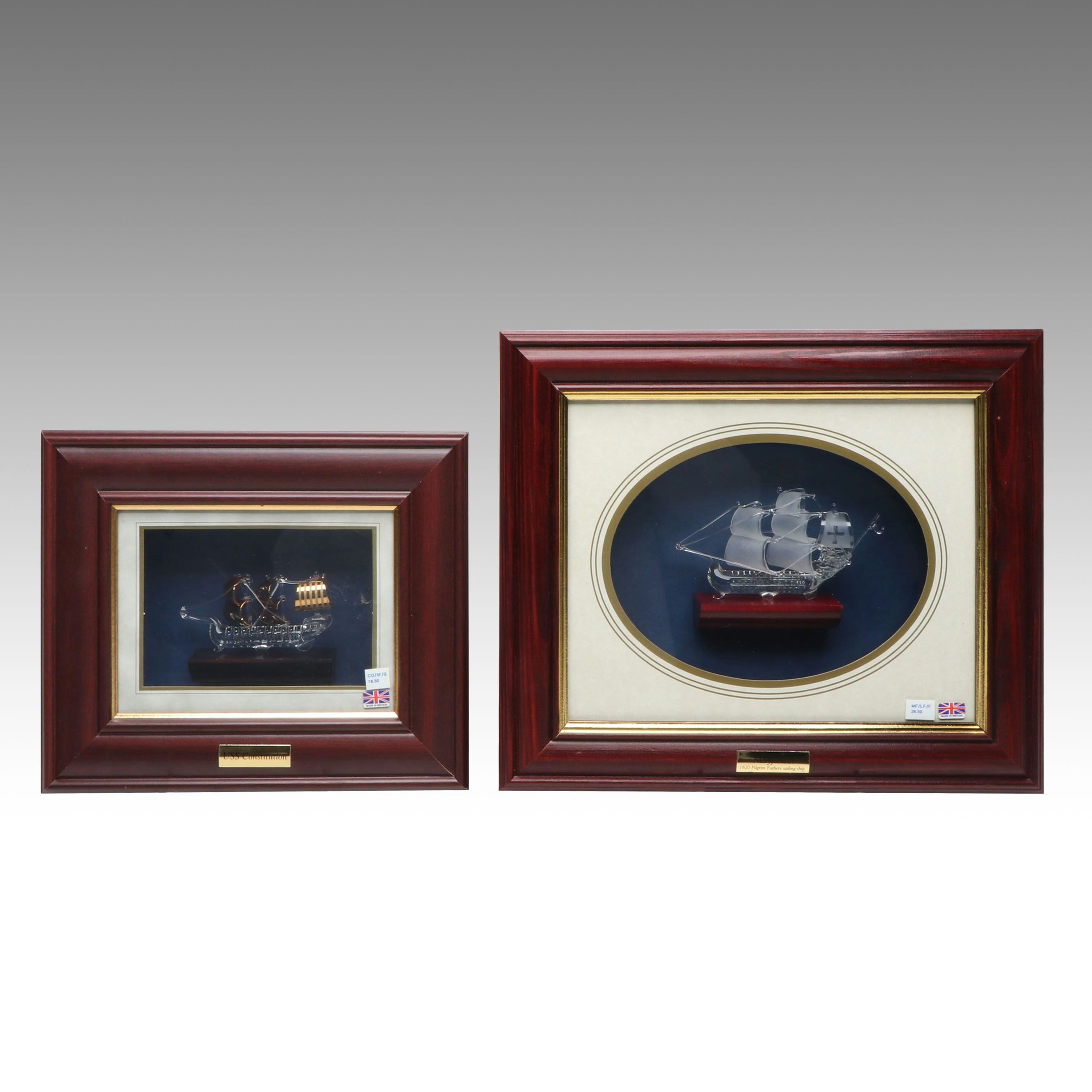British Glass Model Mayflower and USS Constitution