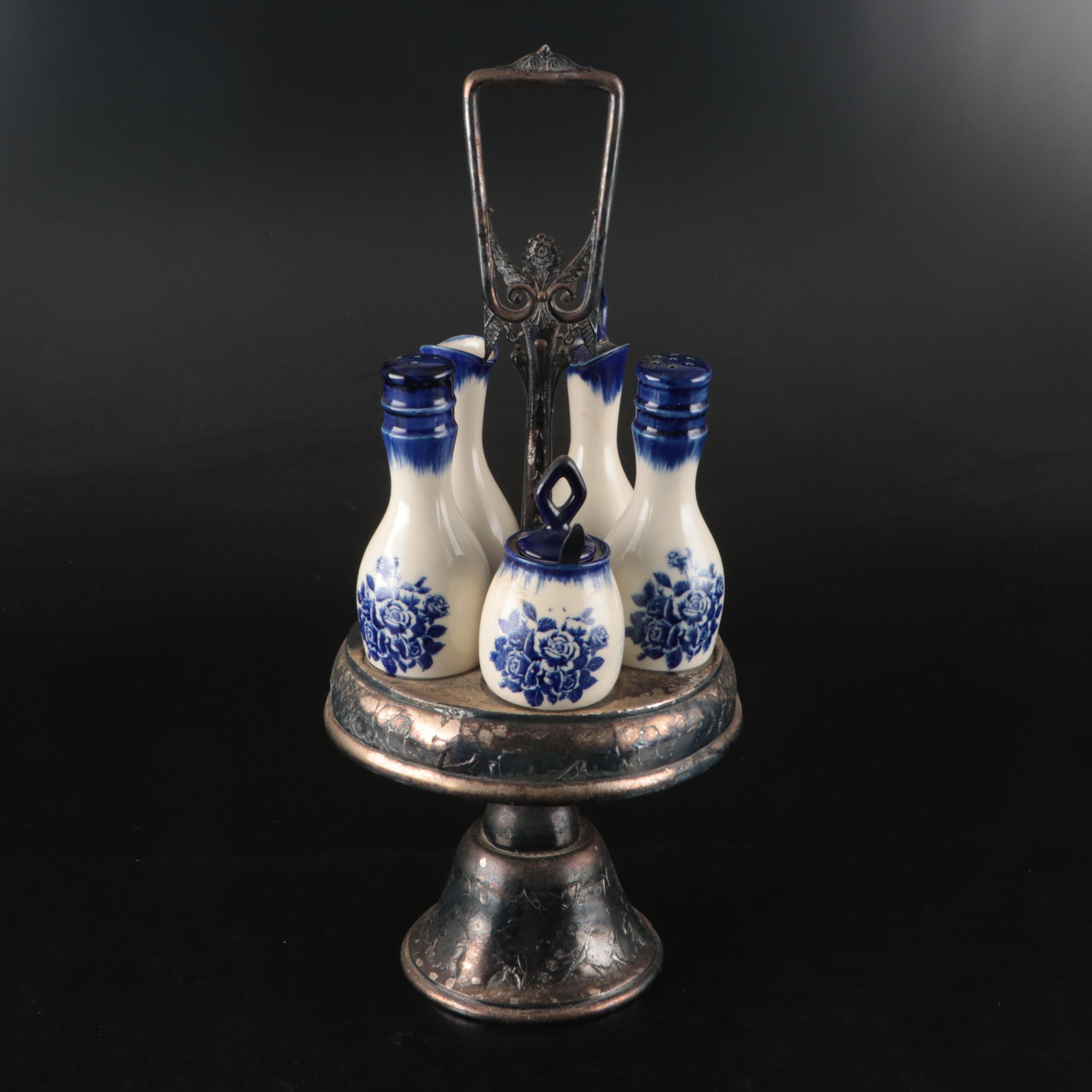 Weighted Sterling Candle Holders with Silver Plate and Ceramic Condiment Caddy