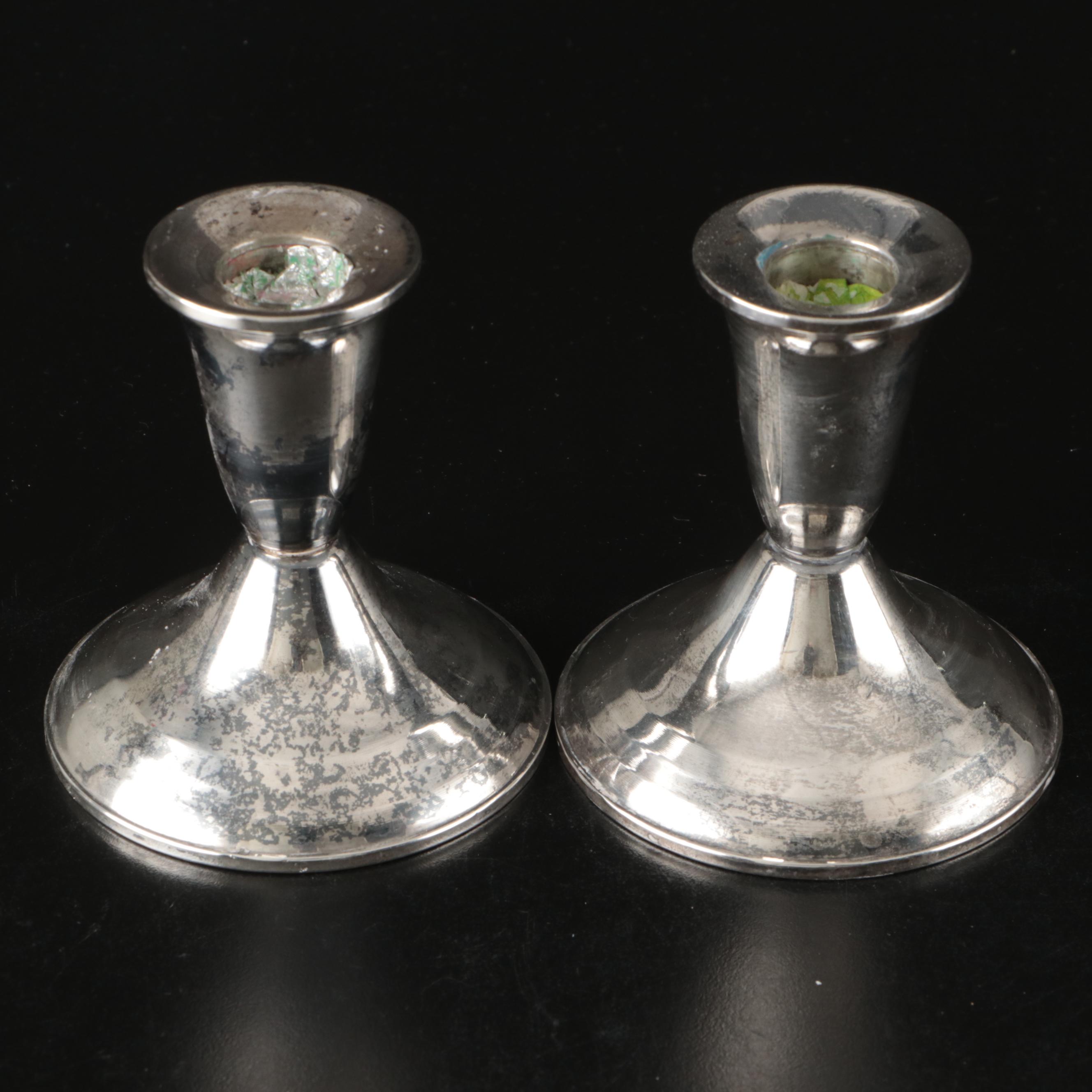 Weighted Sterling Candle Holders with Silver Plate and Ceramic Condiment Caddy
