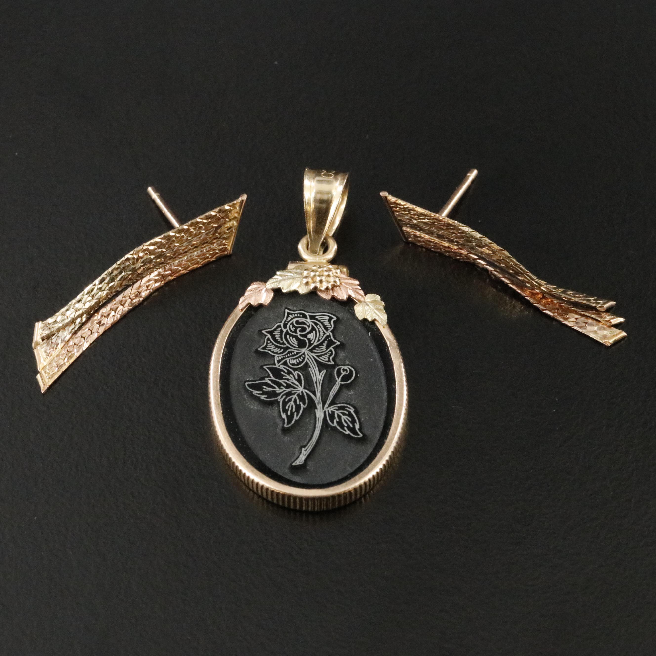 10K Tri-Color Onyx Rose Pendant and 14K Herringbone Chain Earrings