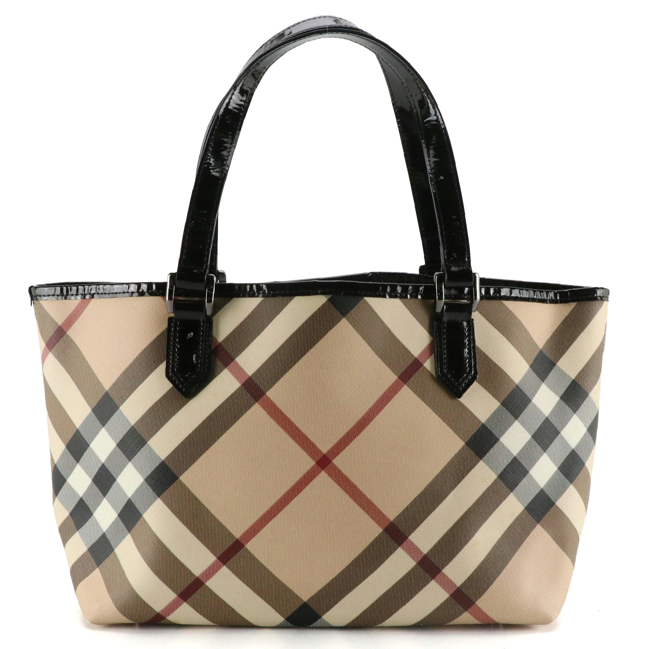 Burberry Nickie Tote in Supernova Check Canvas and Black Glossy Leather