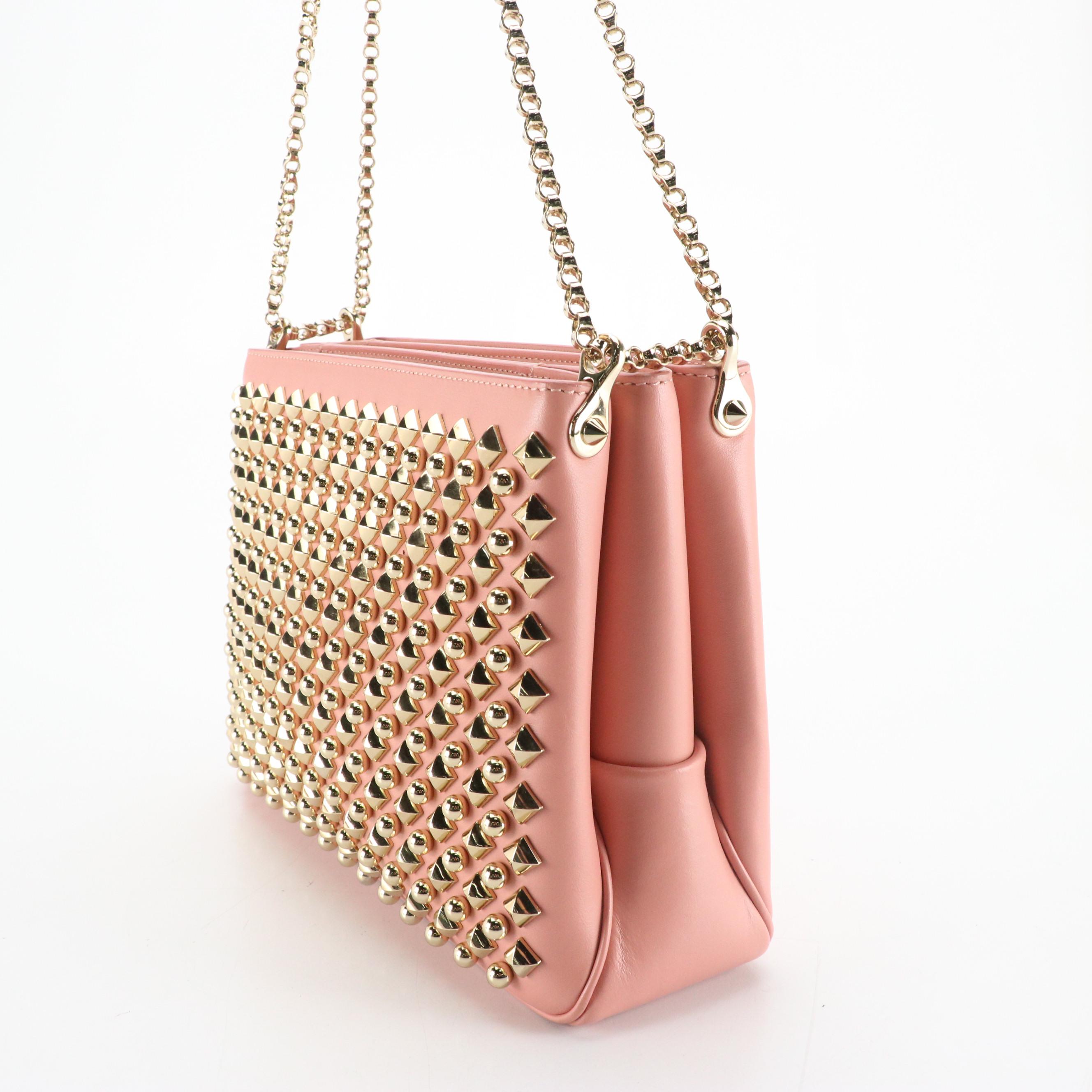 Christian Louboutin Triloubi Studded Shoulder Bag in Pink Calfskin Leather