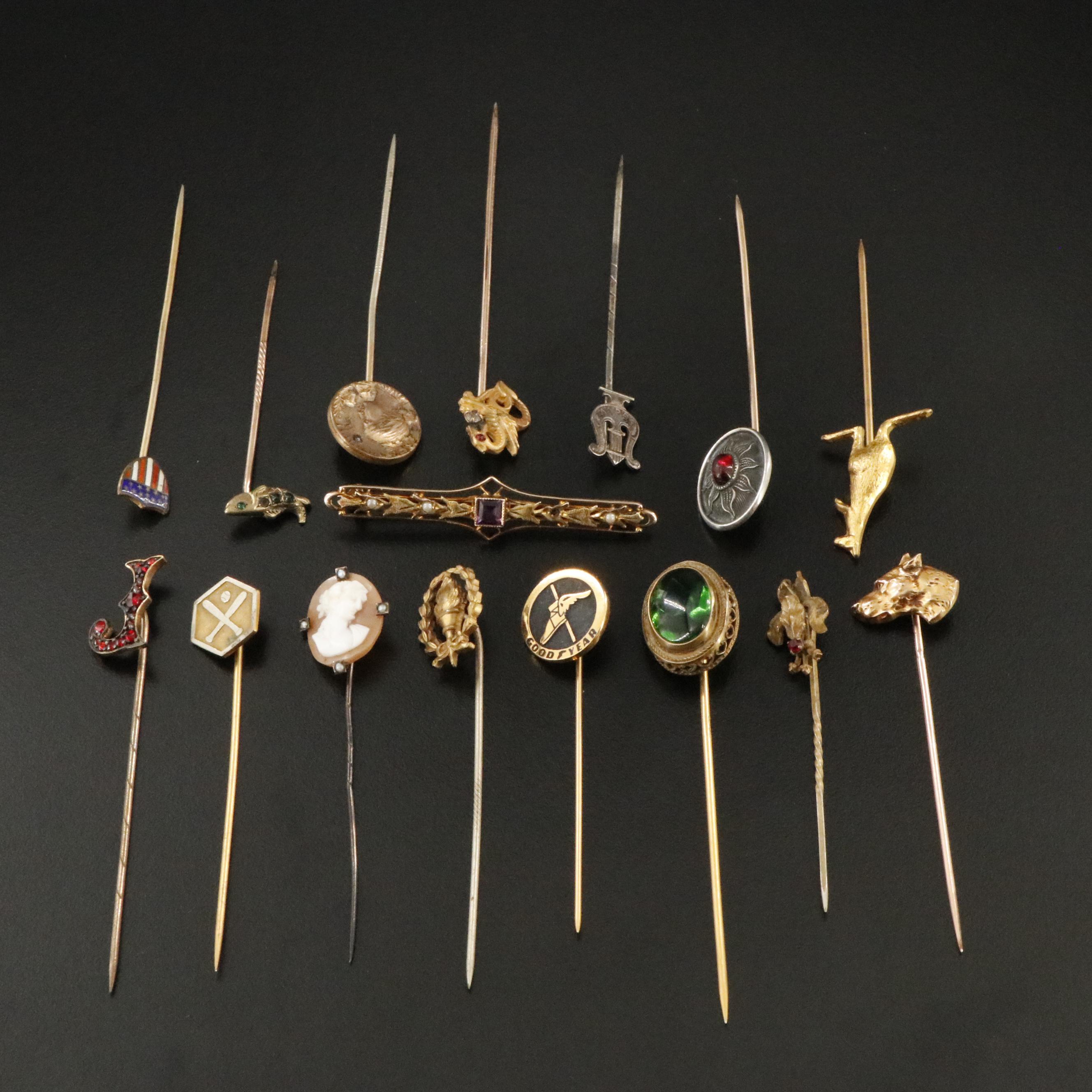 Pin Collection ft. Victorian 10K Bar, Bacchus/Dionysus Shell Cameo & Seed Pearls