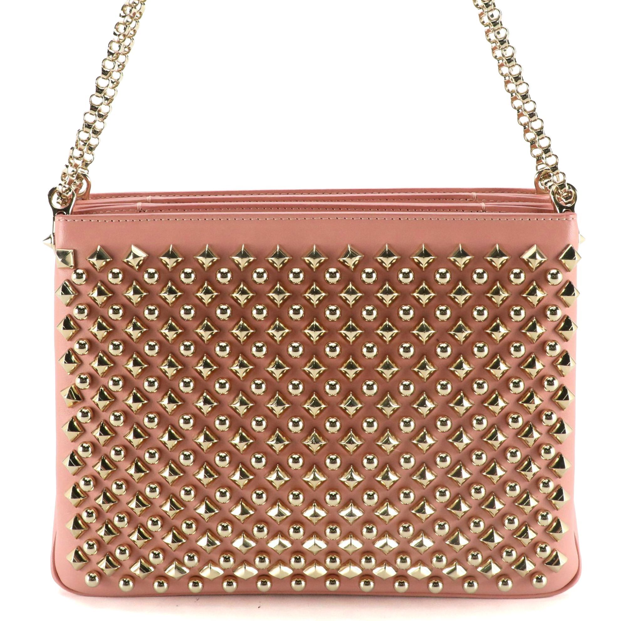 Christian Louboutin Triloubi Studded Shoulder Bag in Pink Calfskin Leather