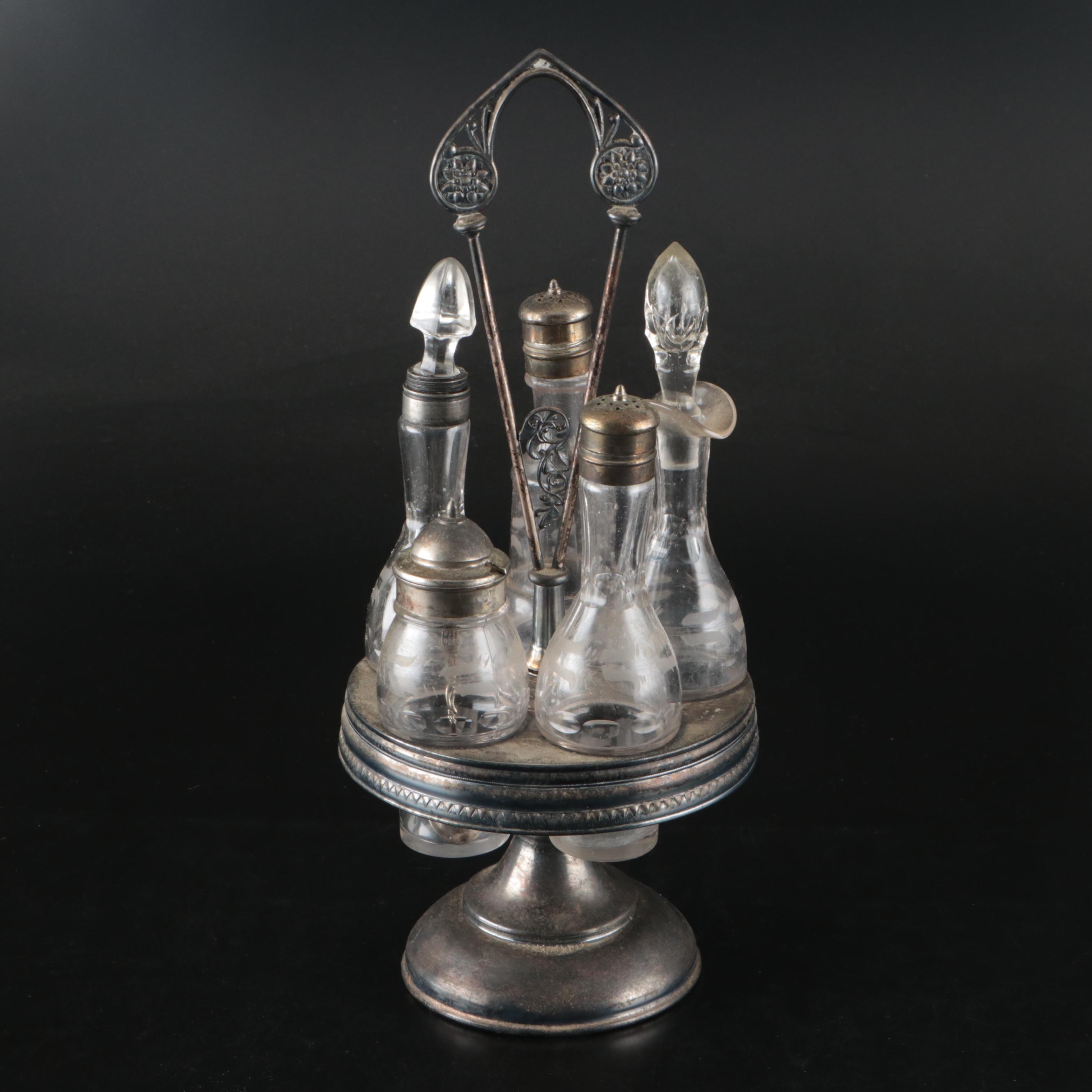 Victorian Aesthetic Movement Style Silver Plate Condiment Caddy with Jars