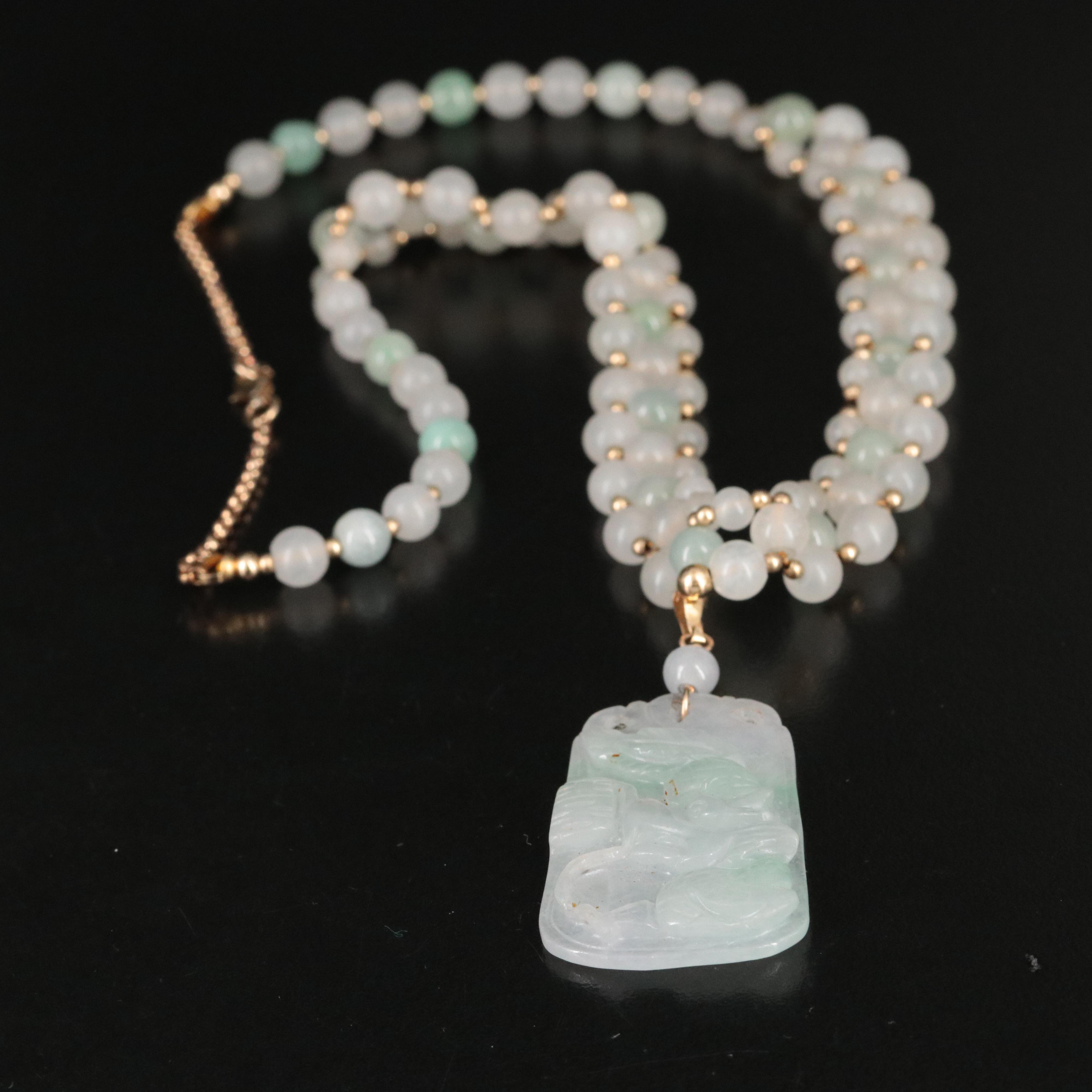 Jadeite Dragon Carved Necklace with 10K Clasp