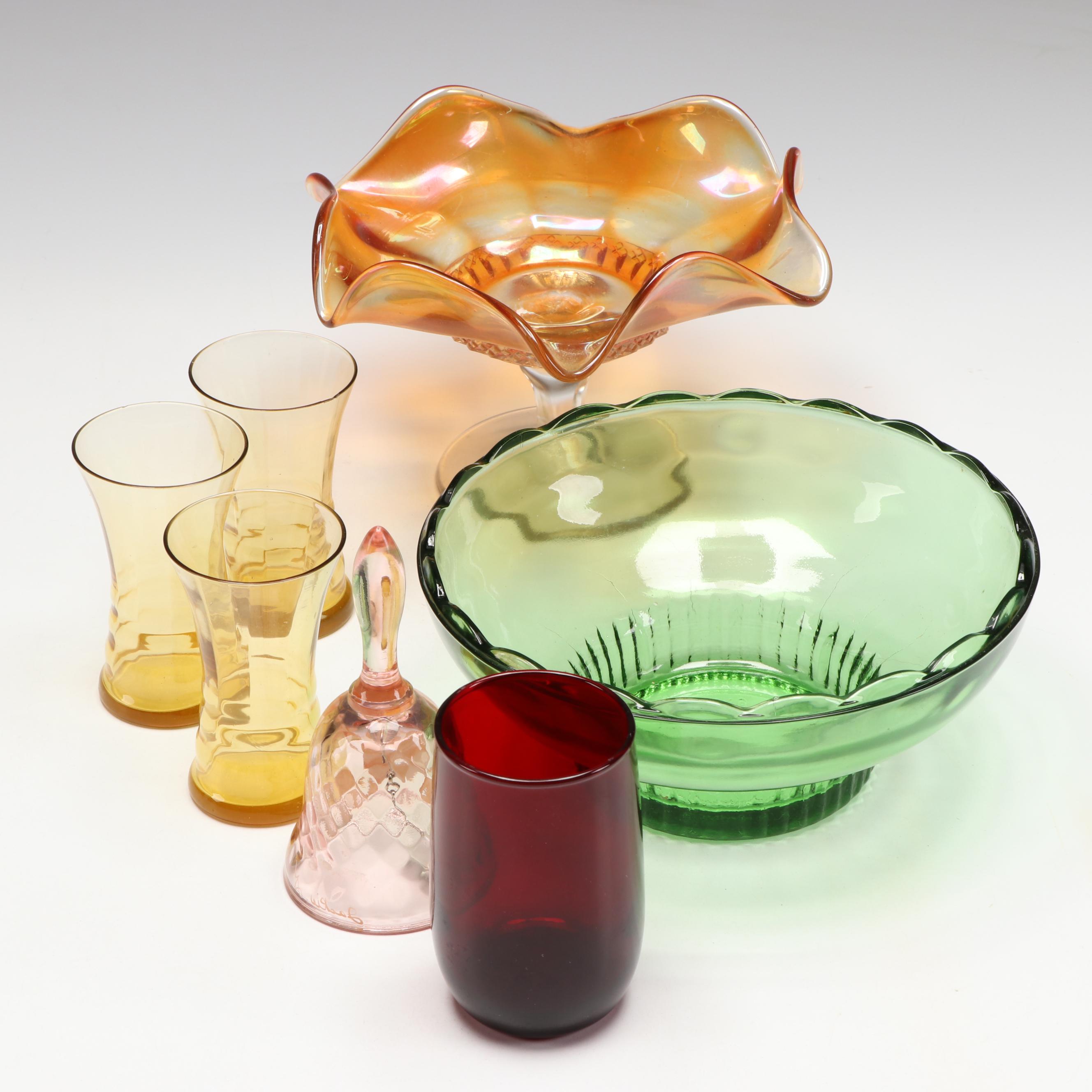 Fenton Pink Glass Hand-Painted Bell with Iridescent Dish and Other Glass Décor