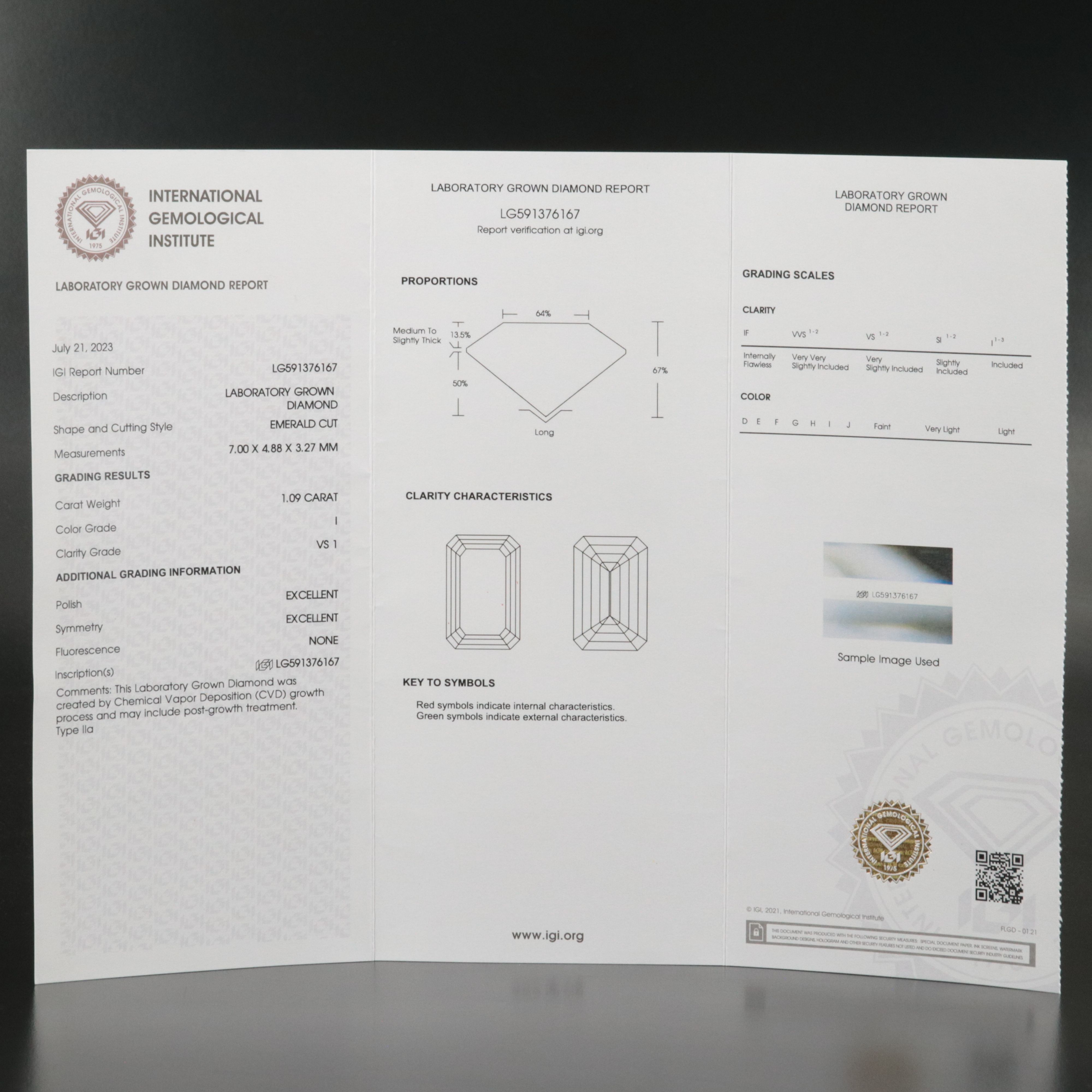 Loose 1.09 CT Lab Grown Diamond with IGI Report