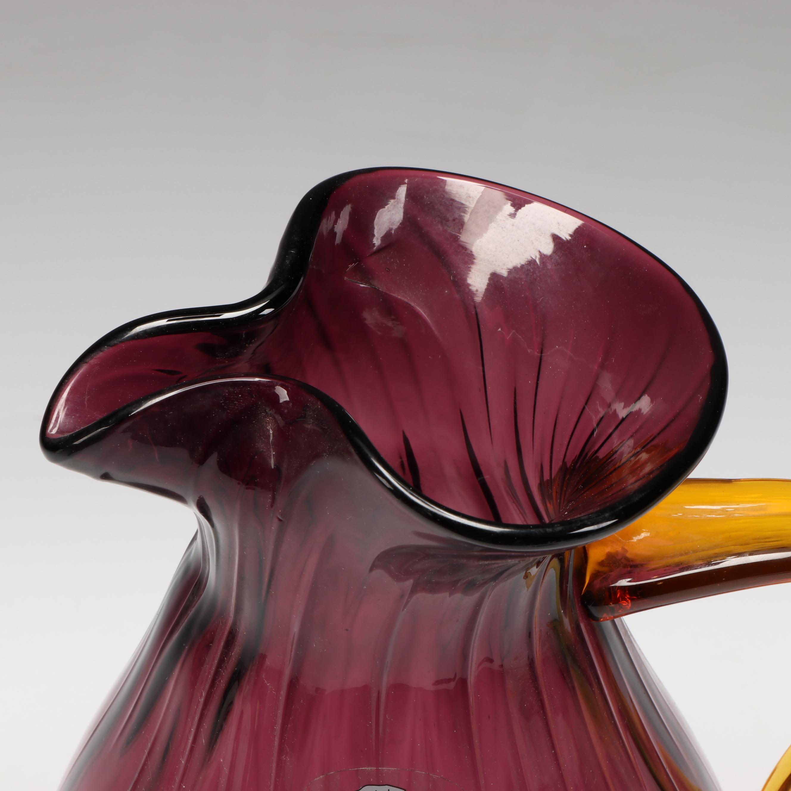 Blenko Glass Pitcher with Crackle Glass Vase