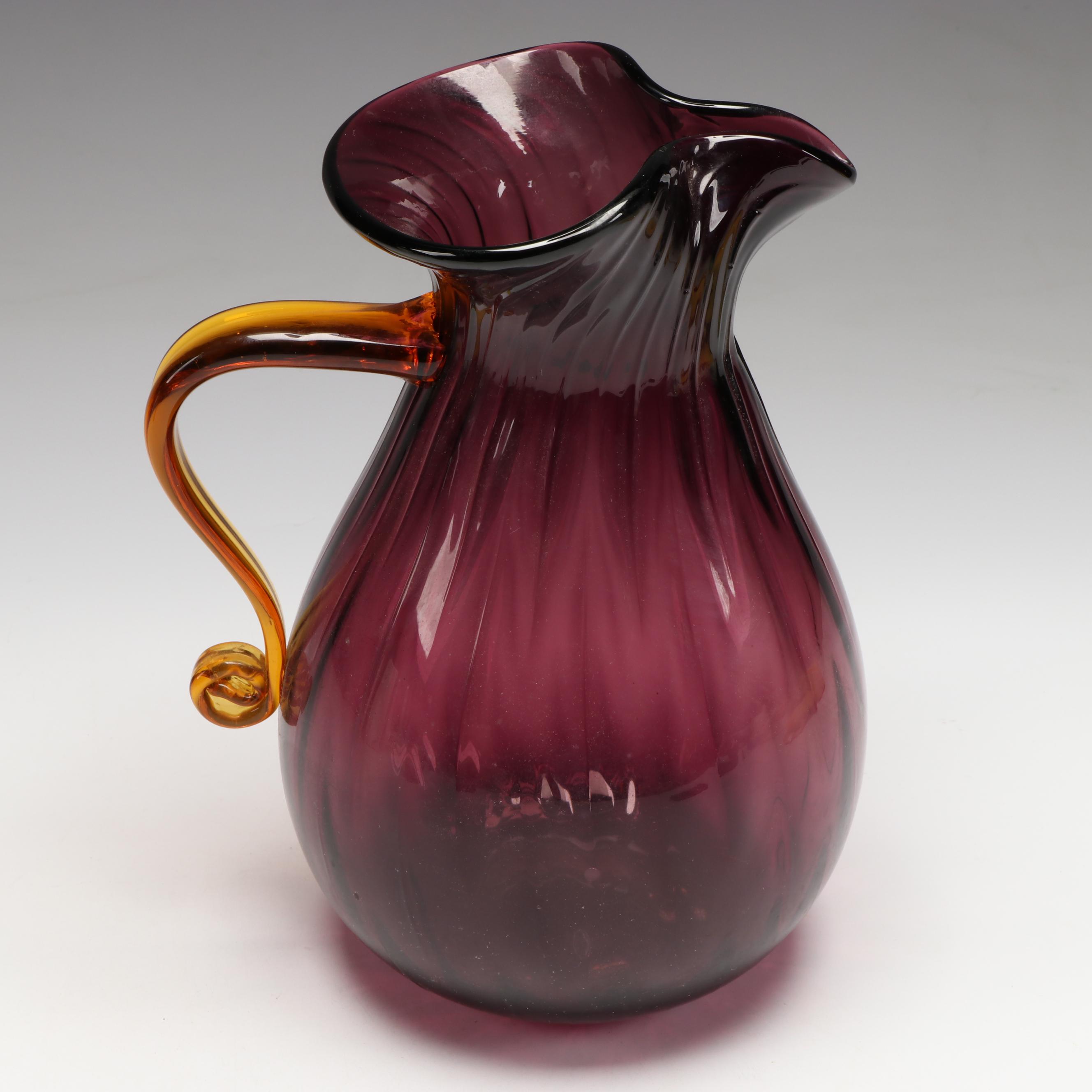 Blenko Glass Pitcher with Crackle Glass Vase