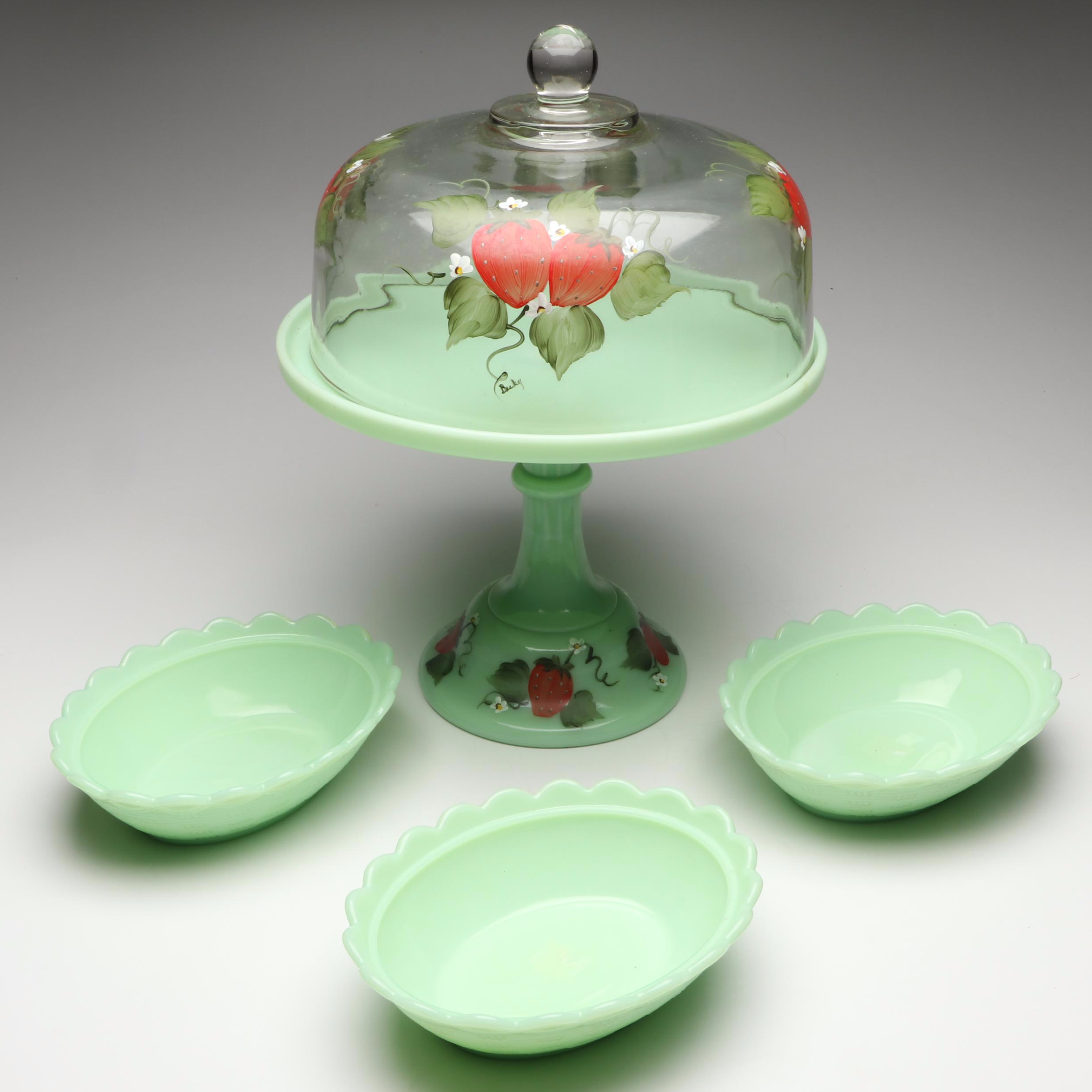 Fenton Jadeite Hen on Nest Bases with Hand-Painted Strawberry Cake Stand