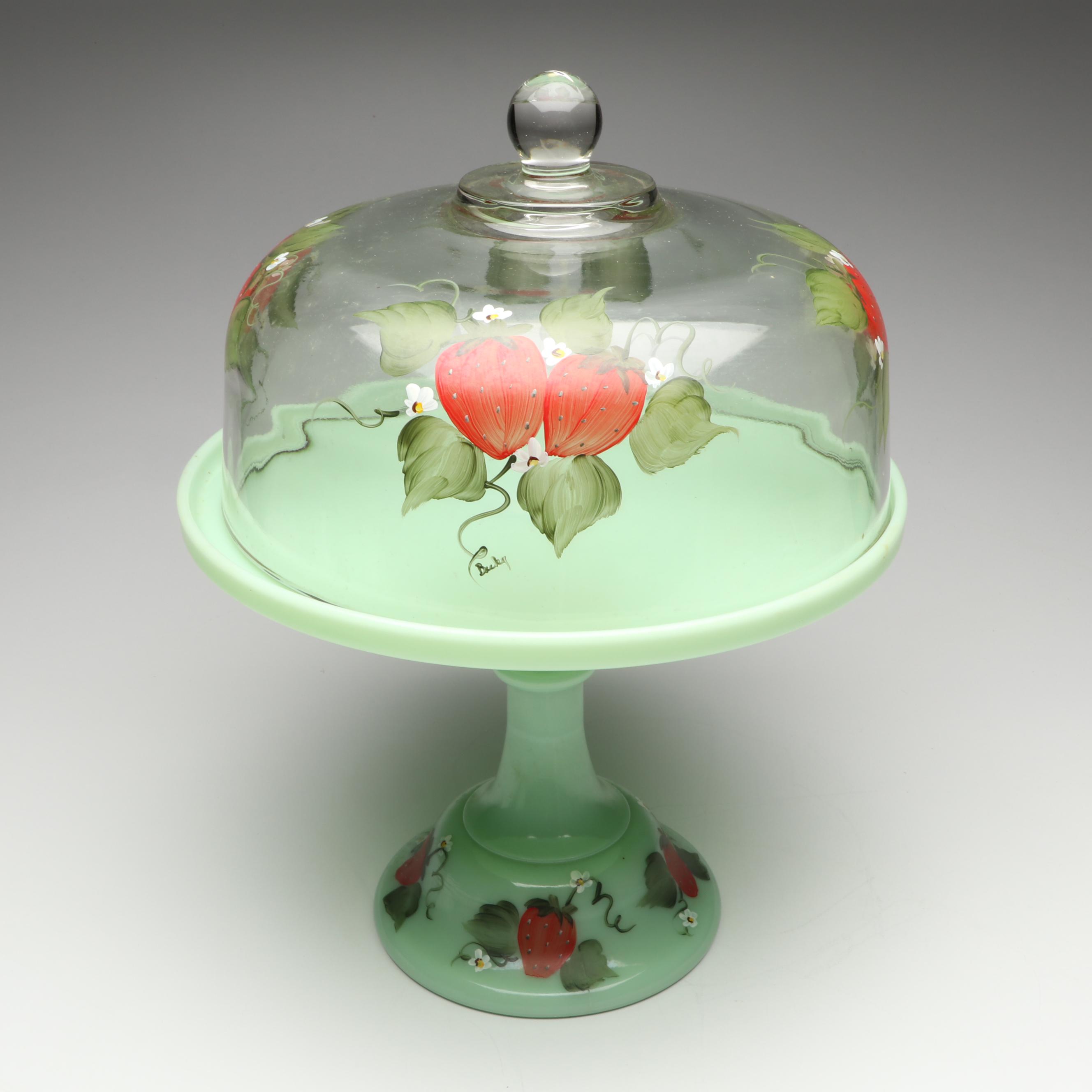 Fenton Jadeite Hen on Nest Bases with Hand-Painted Strawberry Cake Stand
