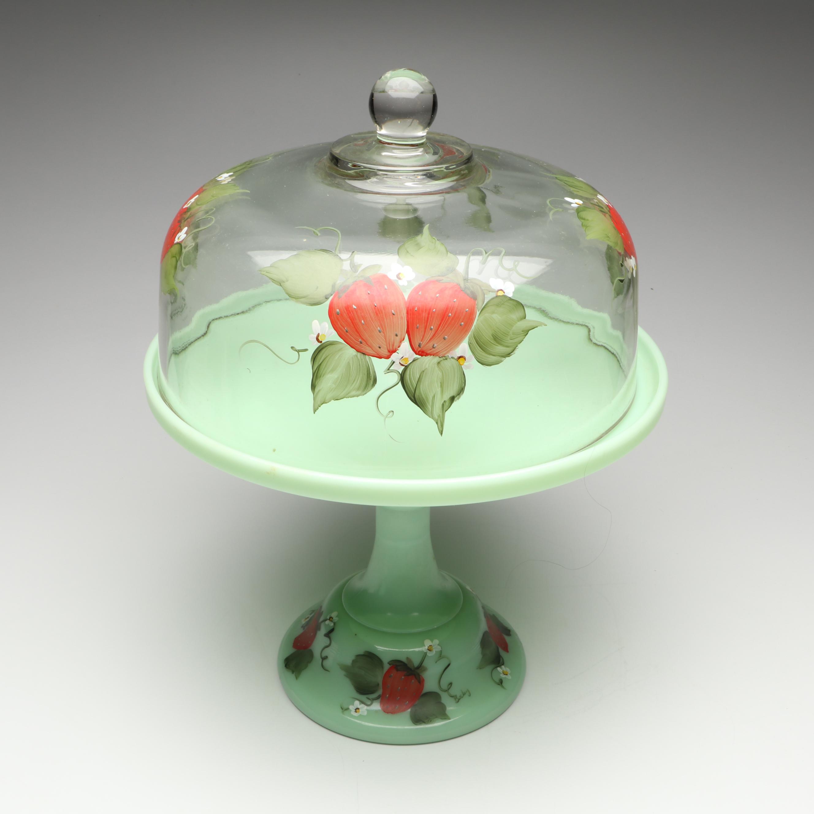 Fenton Jadeite Hen on Nest Bases with Hand-Painted Strawberry Cake Stand