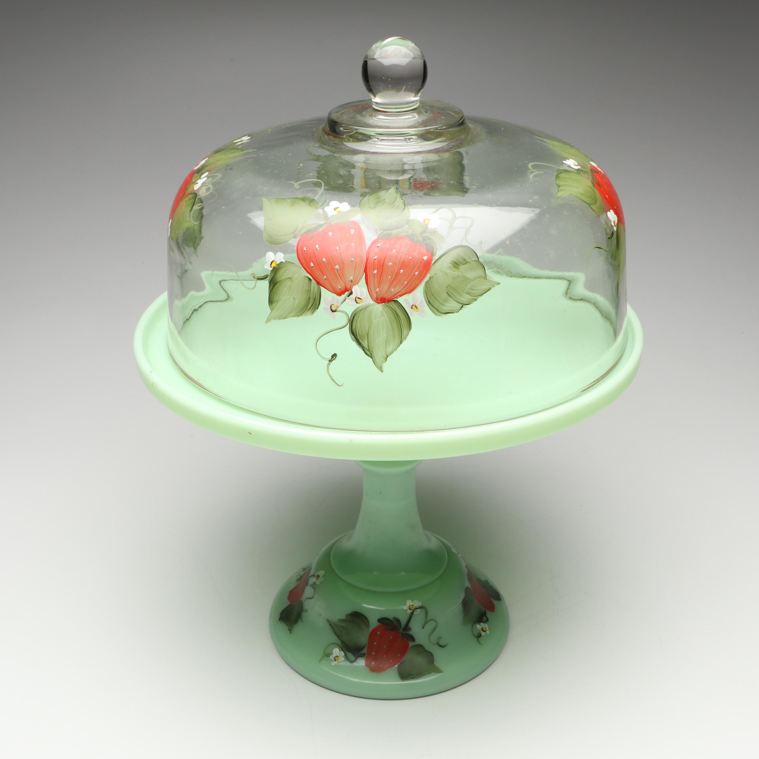 Fenton Jadeite Hen on Nest Bases with Hand-Painted Strawberry Cake Stand