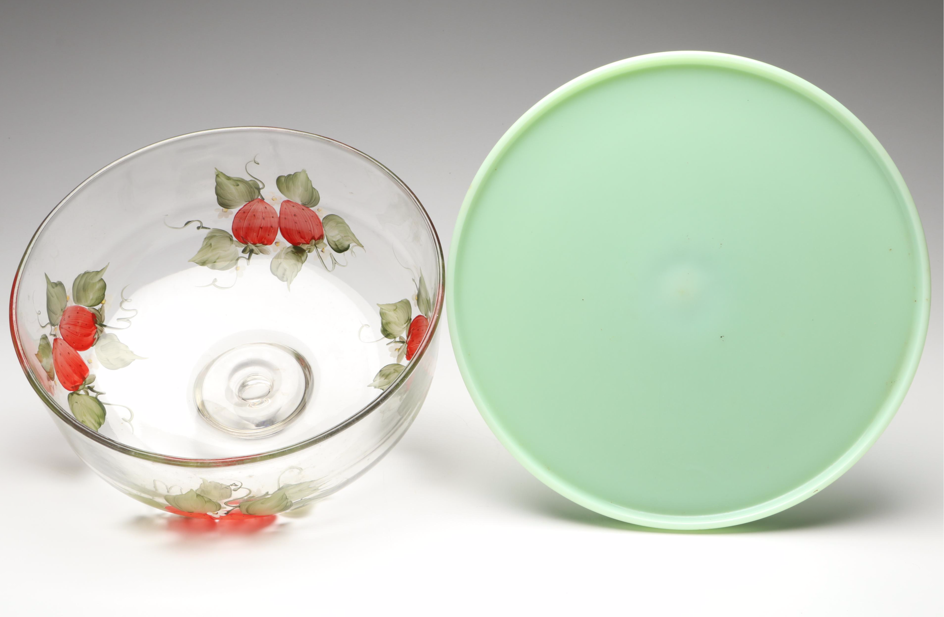 Fenton Jadeite Hen on Nest Bases with Hand-Painted Strawberry Cake Stand