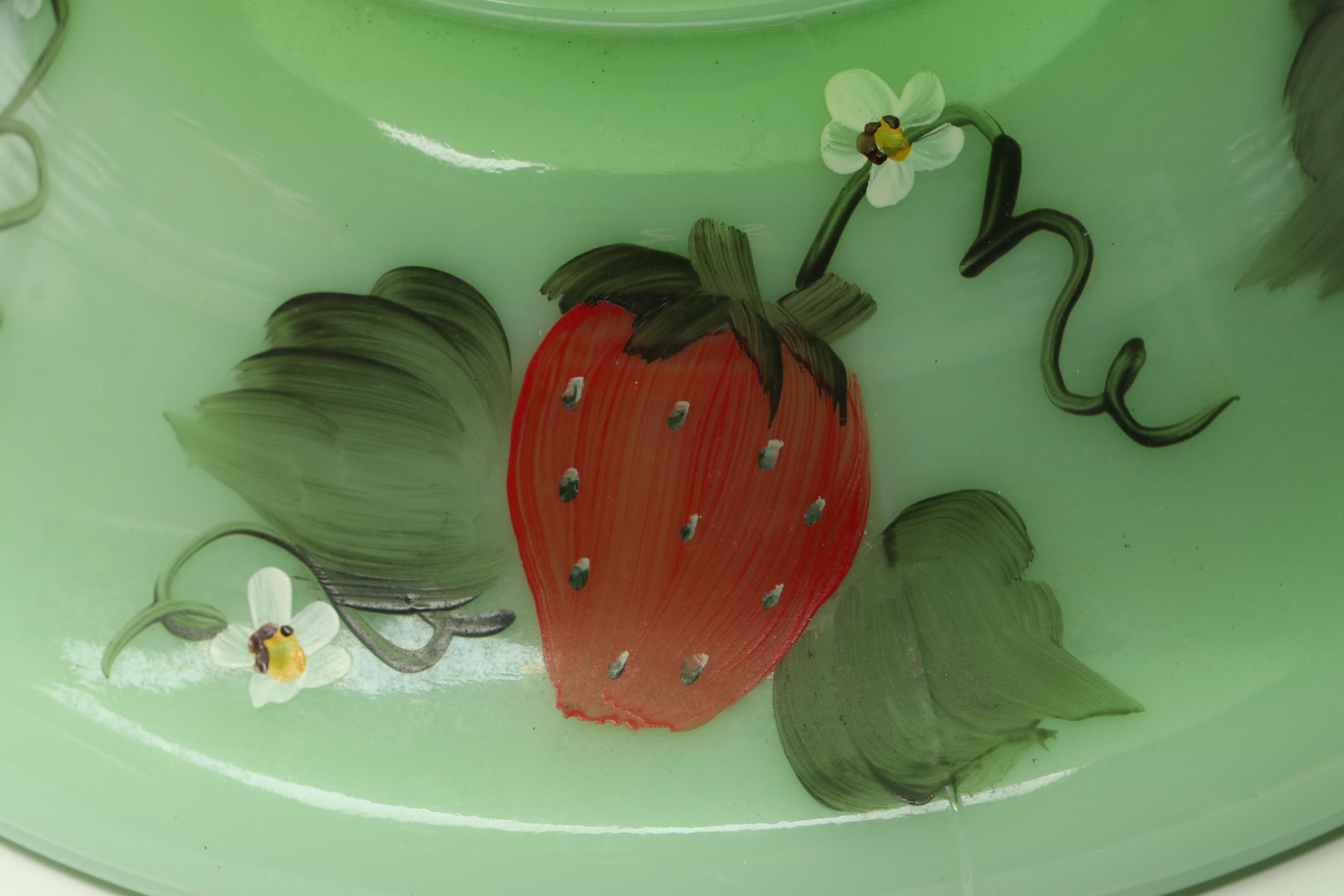 Fenton Jadeite Hen on Nest Bases with Hand-Painted Strawberry Cake Stand