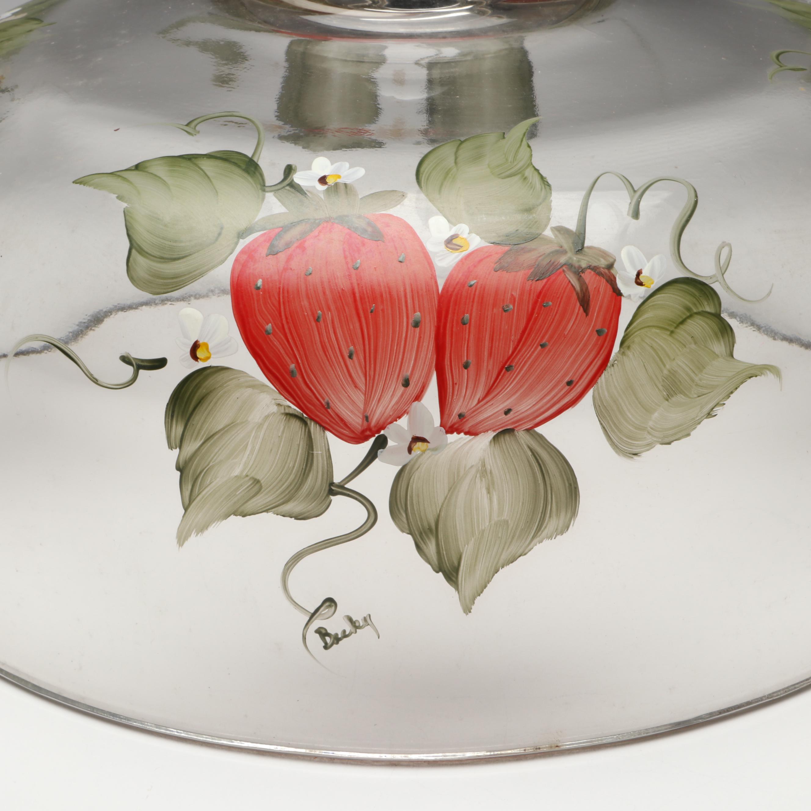 Fenton Jadeite Hen on Nest Bases with Hand-Painted Strawberry Cake Stand