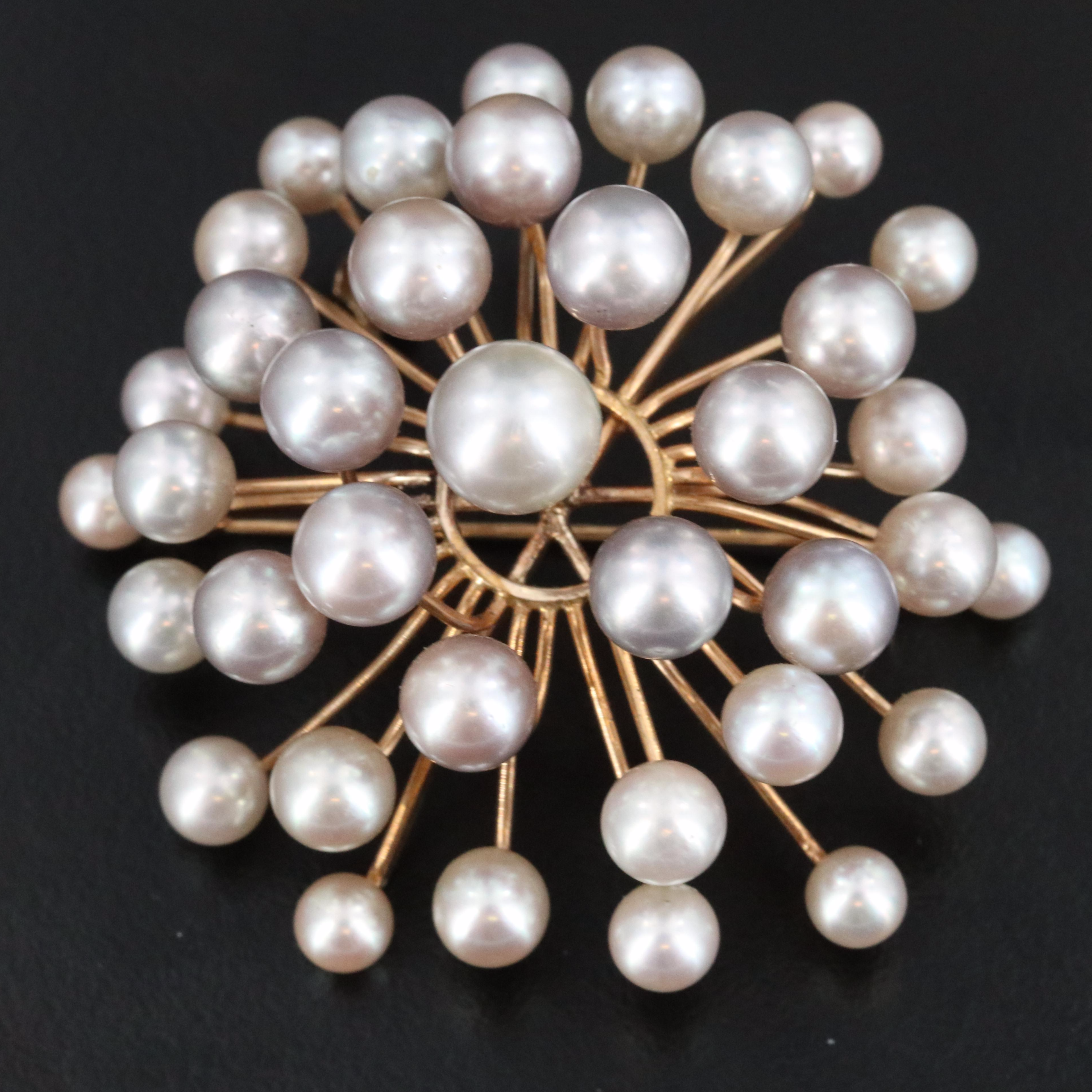 Vintage 14K Pearl Atomic Starburst Brooch