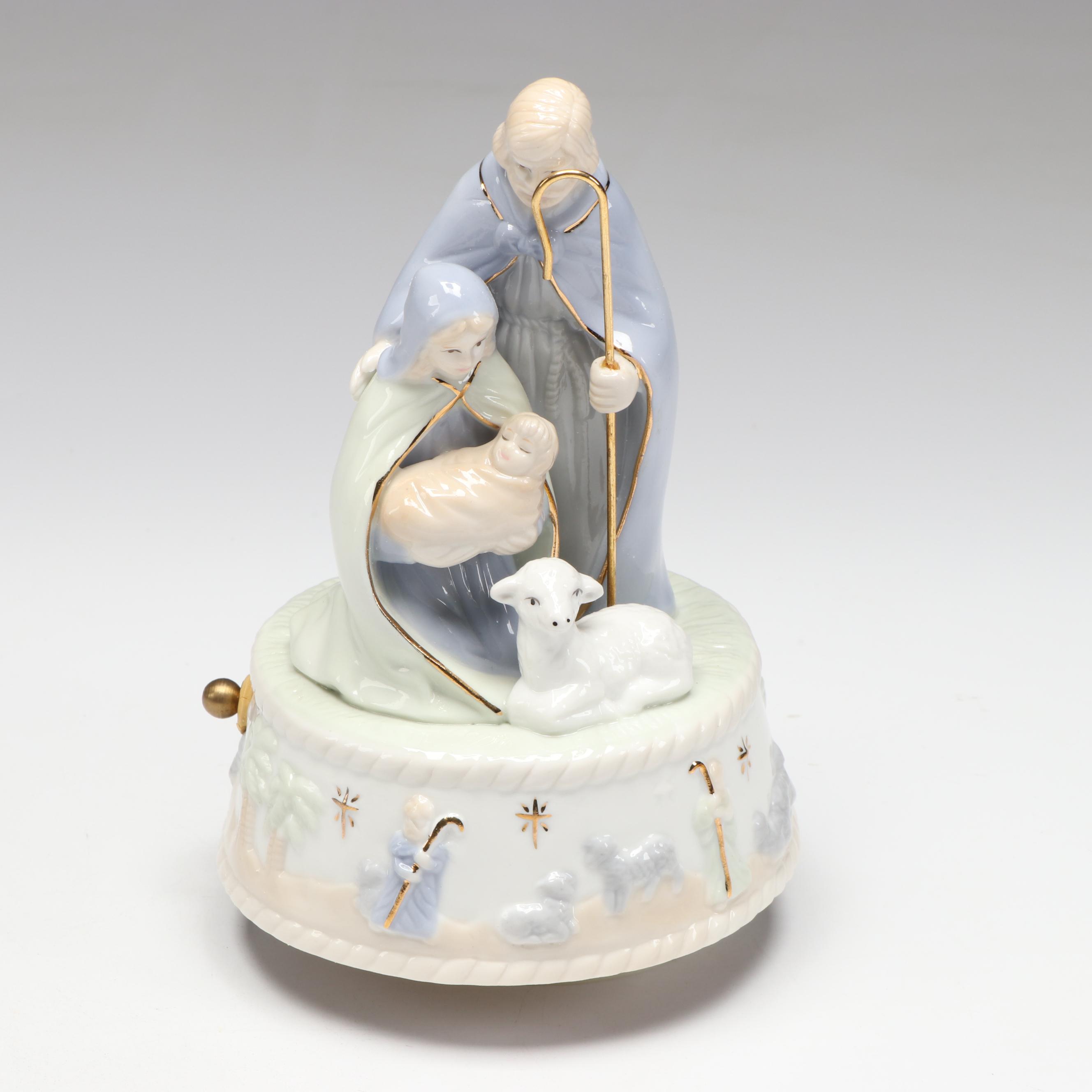 Russ & Co. Porcelain Musical Nativity with Royal Copenhagen Mini Annual Plate