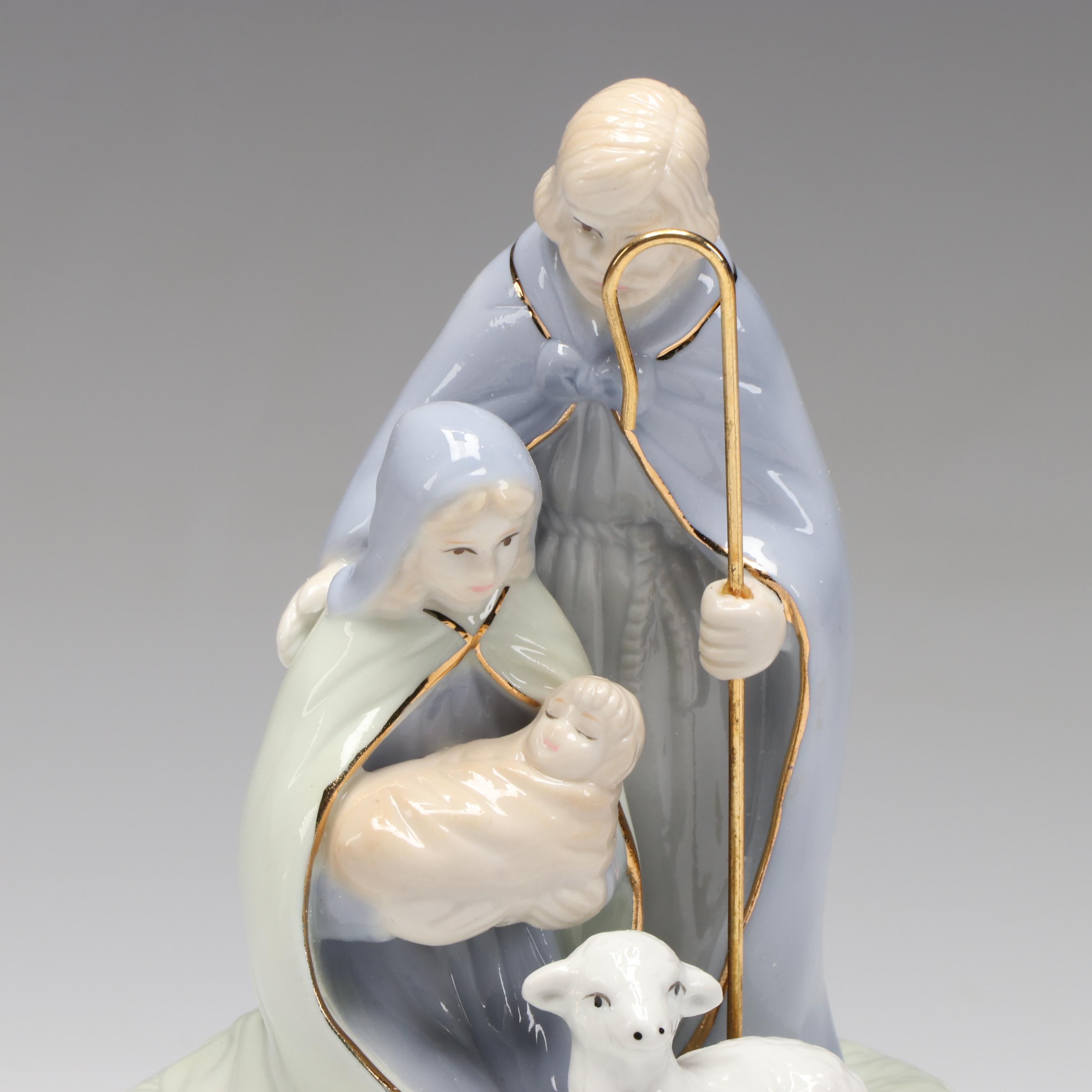 Russ & Co. Porcelain Musical Nativity with Royal Copenhagen Mini Annual Plate