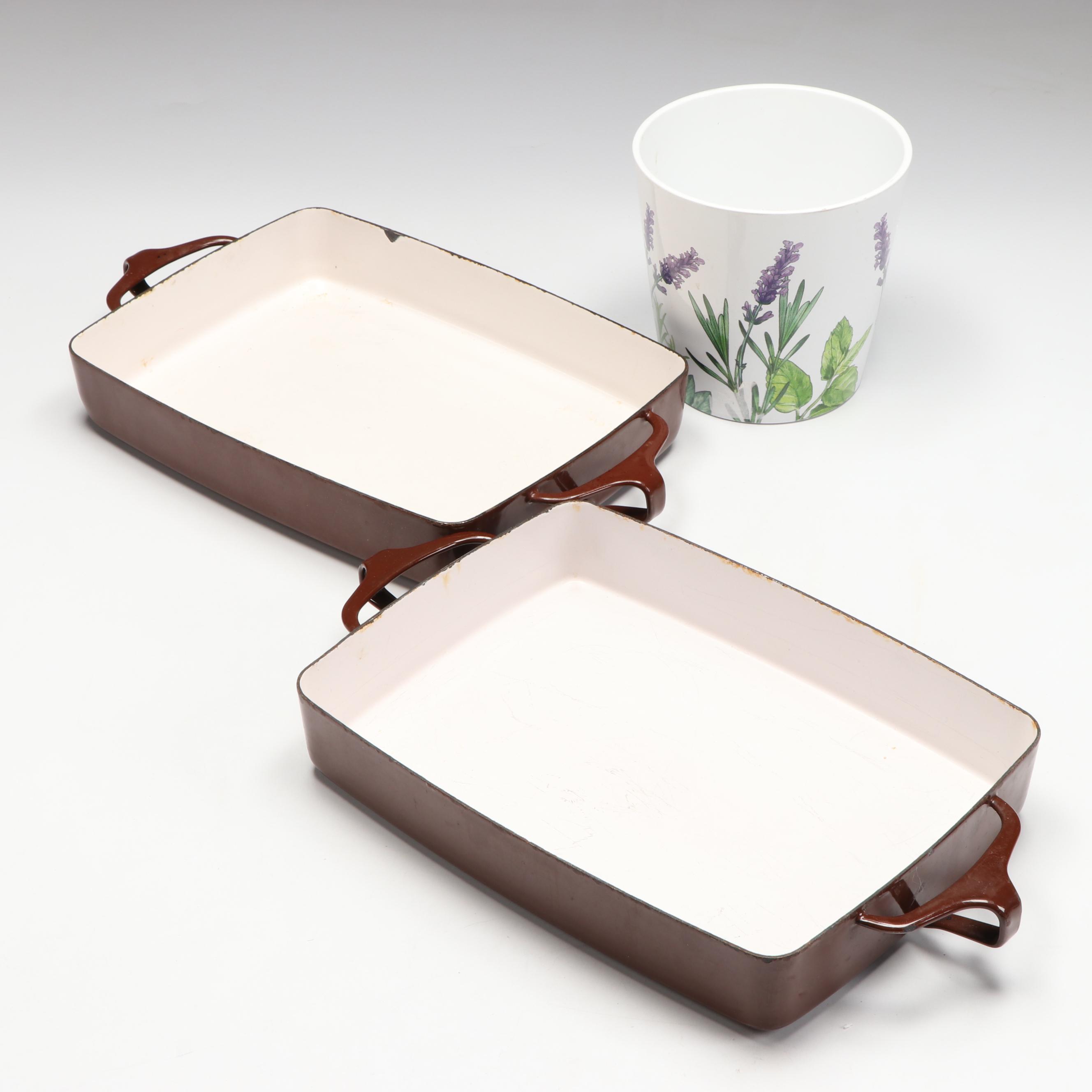 Dansk Brown Enamel Kobenstyle Casserole with German Ceramic Planter