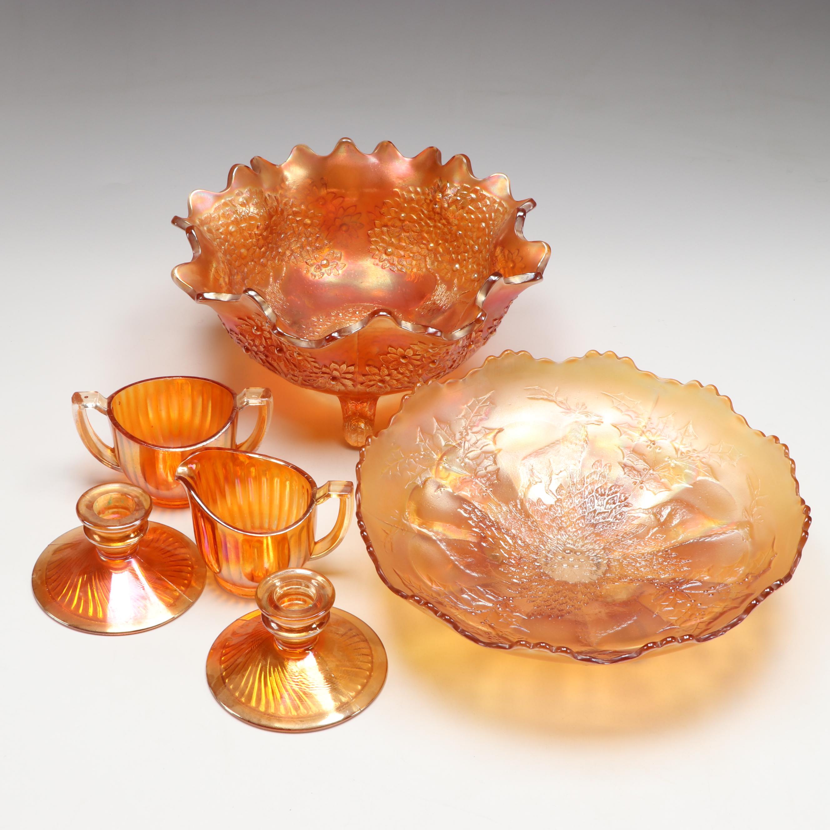 Carnival Glass Footed Bowls, Creamer and Sugar, and Candle Holders