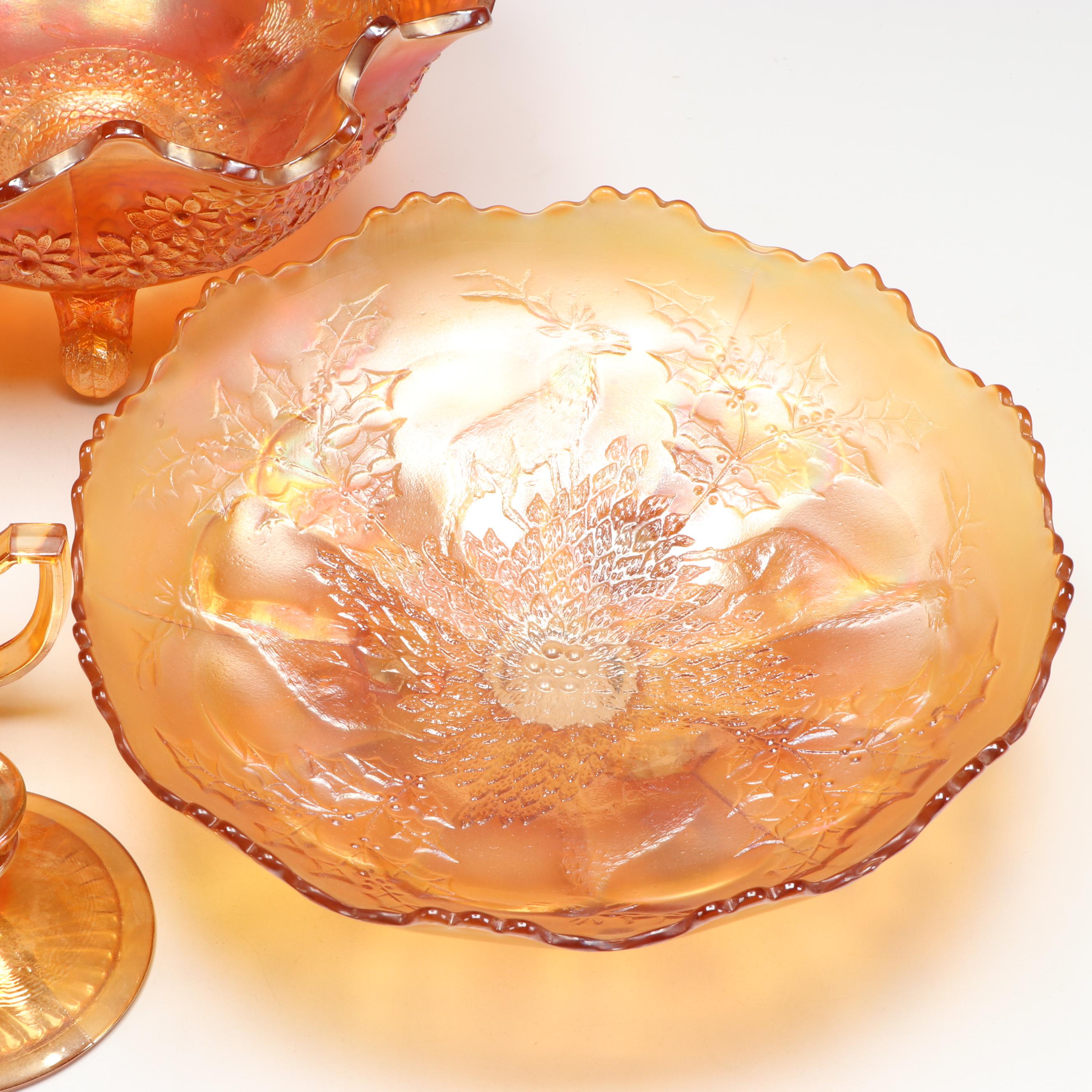 Carnival Glass Footed Bowls, Creamer and Sugar, and Candle Holders