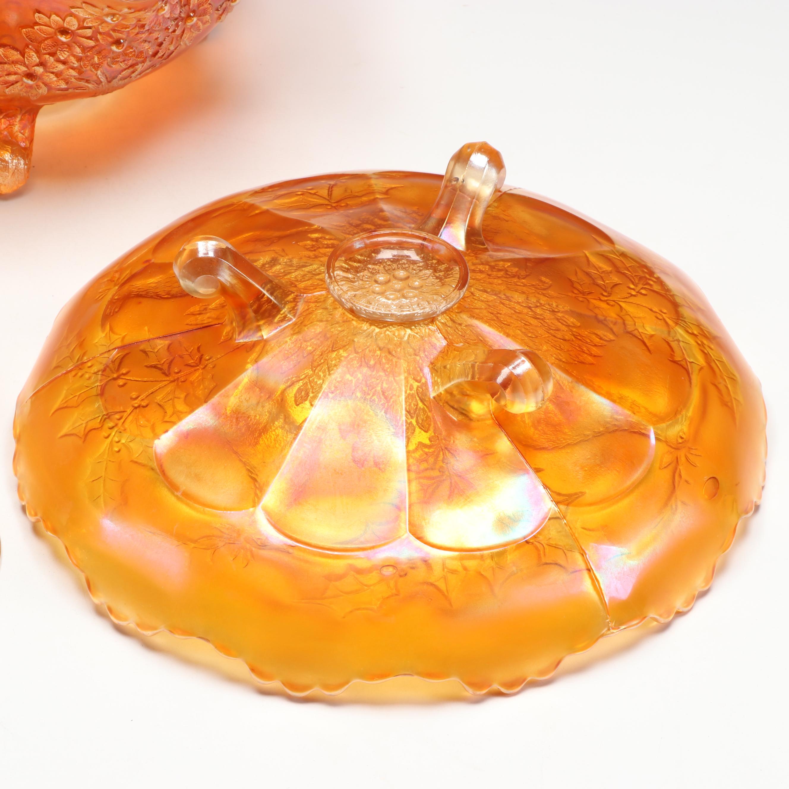 Carnival Glass Footed Bowls, Creamer and Sugar, and Candle Holders