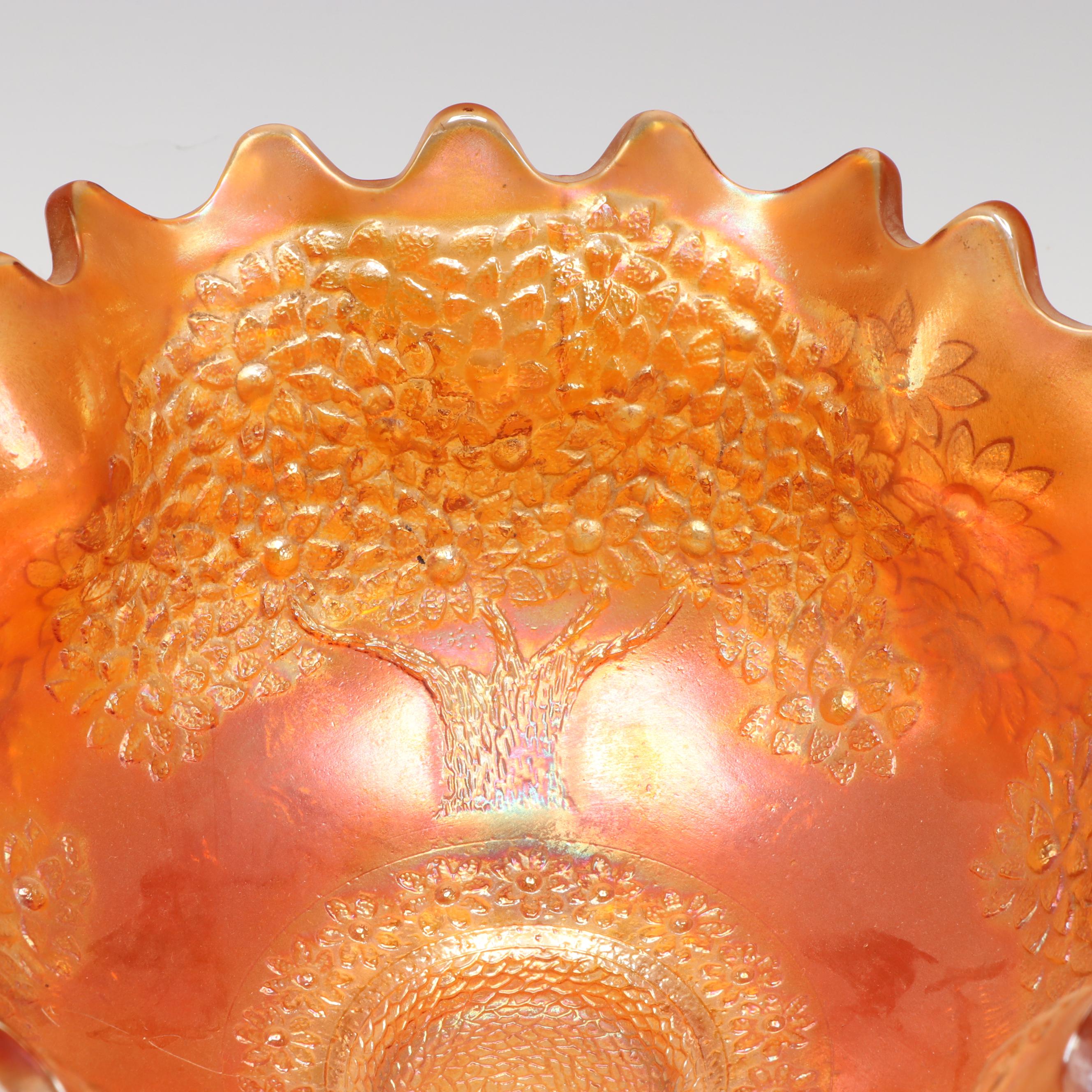 Carnival Glass Footed Bowls, Creamer and Sugar, and Candle Holders