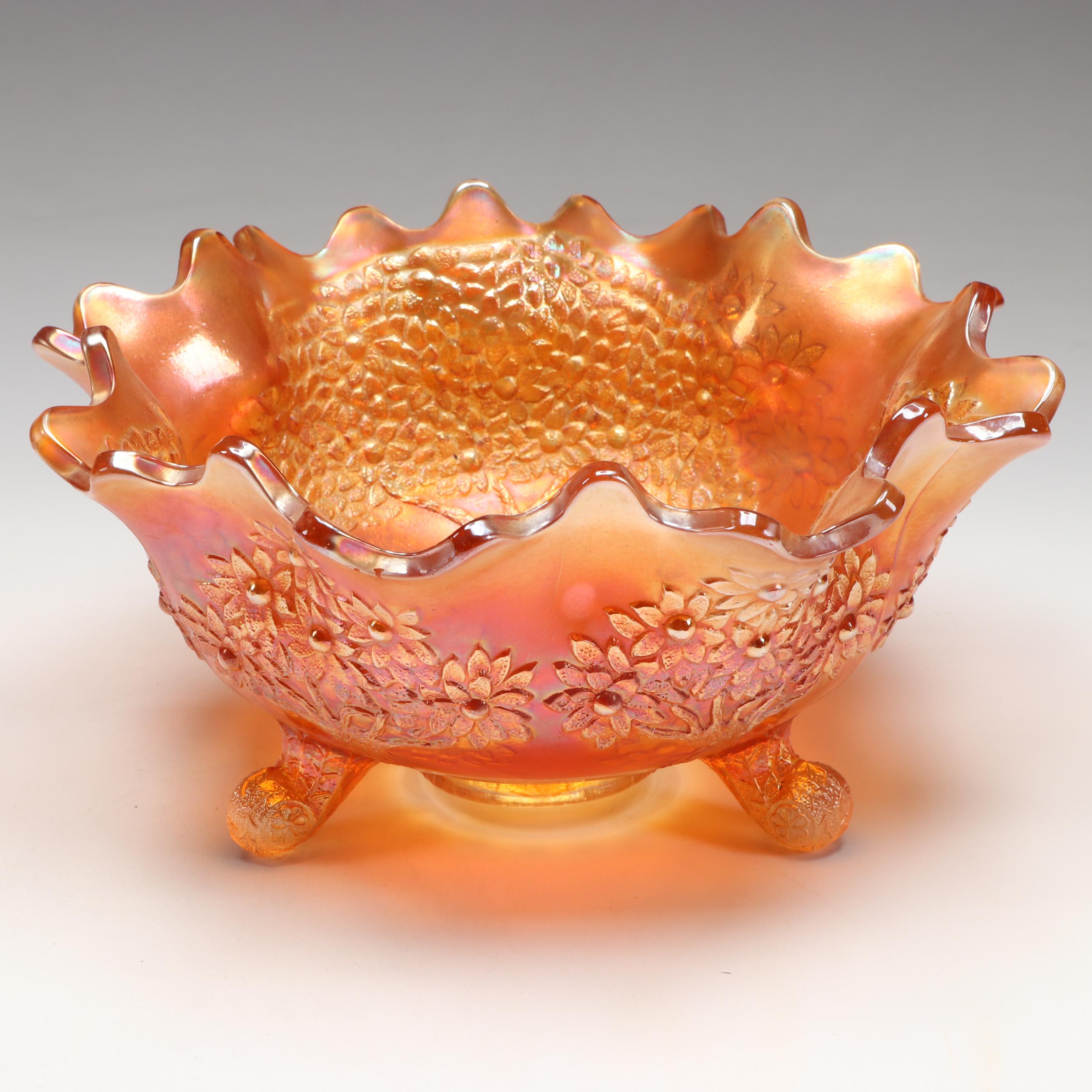 Carnival Glass Footed Bowls, Creamer and Sugar, and Candle Holders