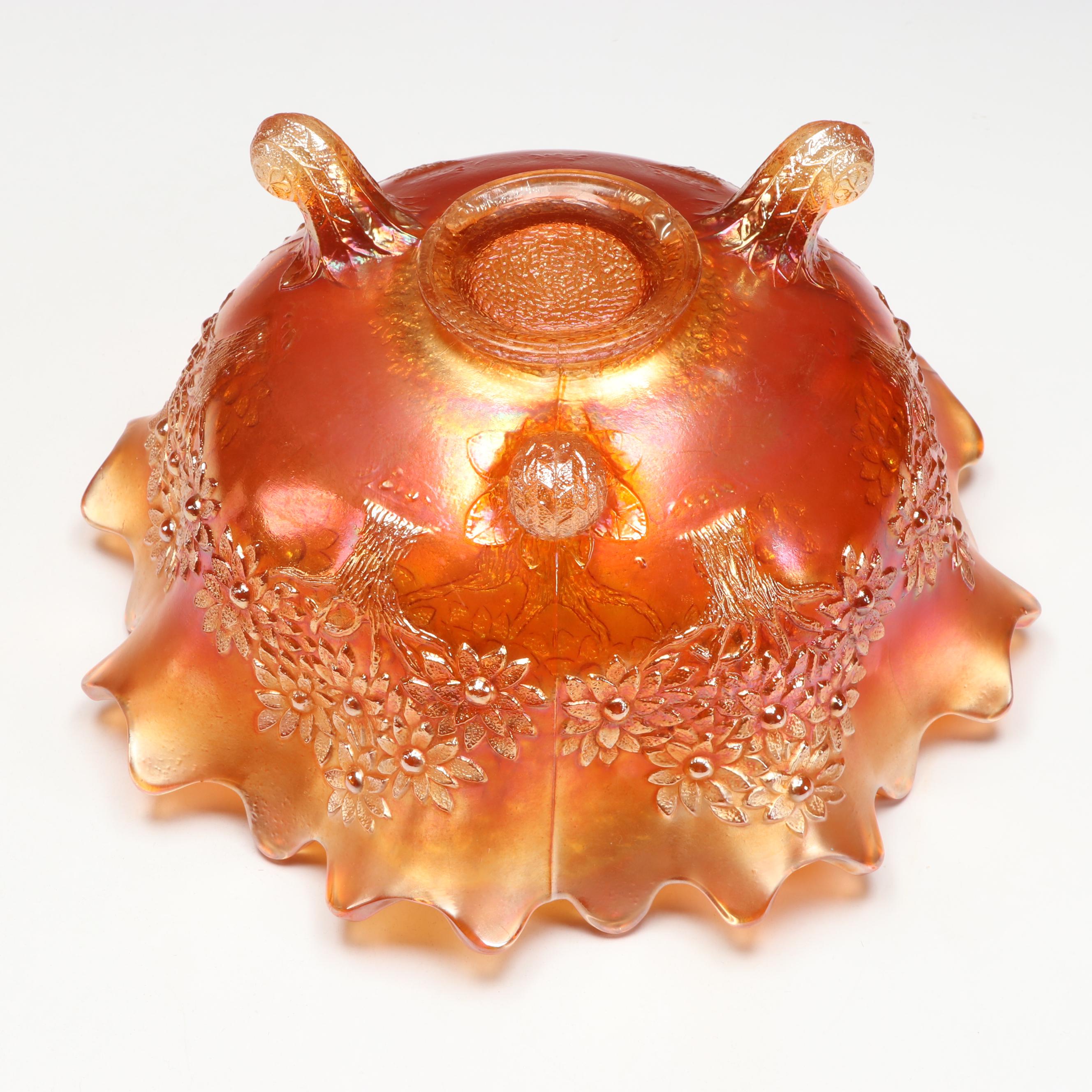 Carnival Glass Footed Bowls, Creamer and Sugar, and Candle Holders