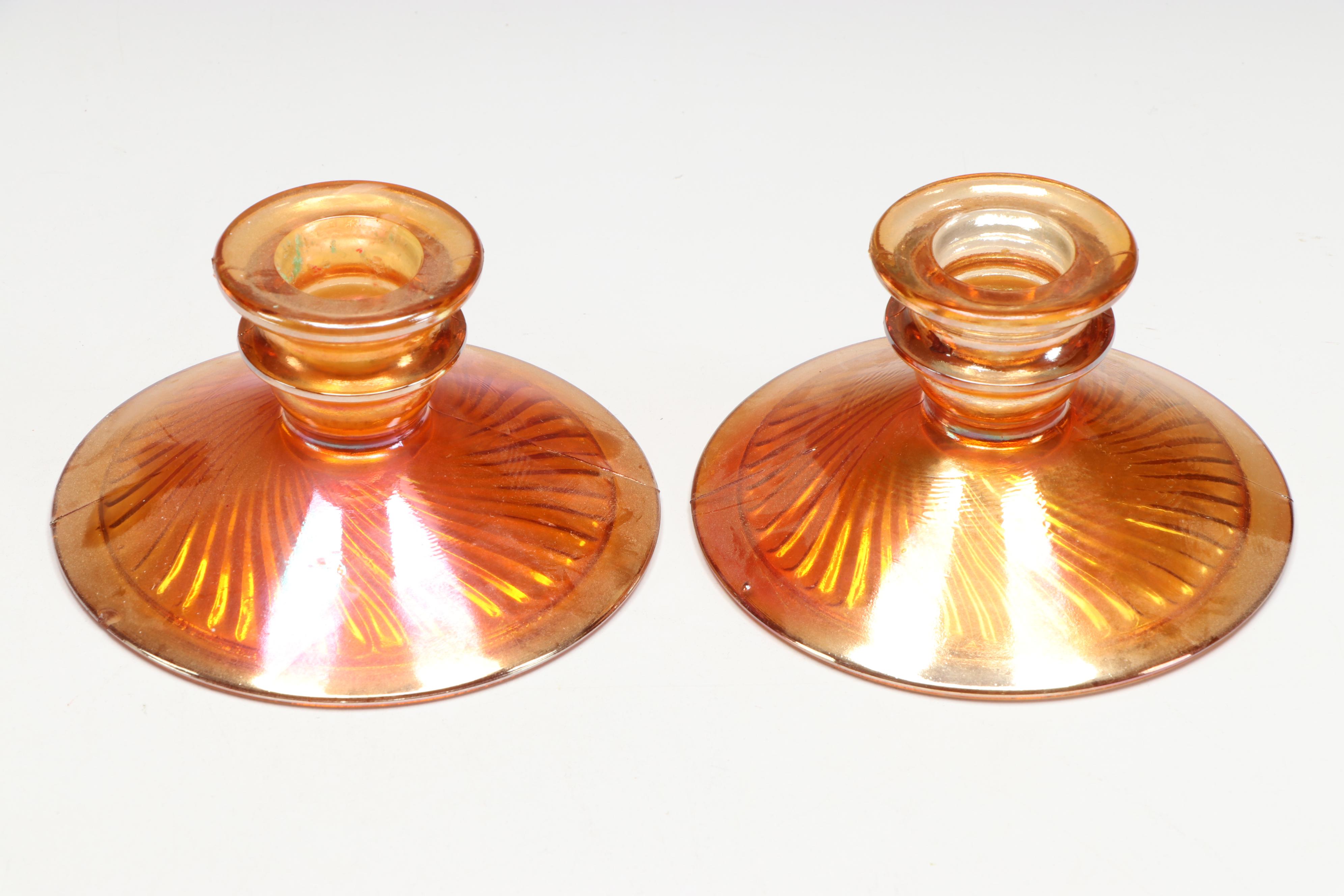 Carnival Glass Footed Bowls, Creamer and Sugar, and Candle Holders