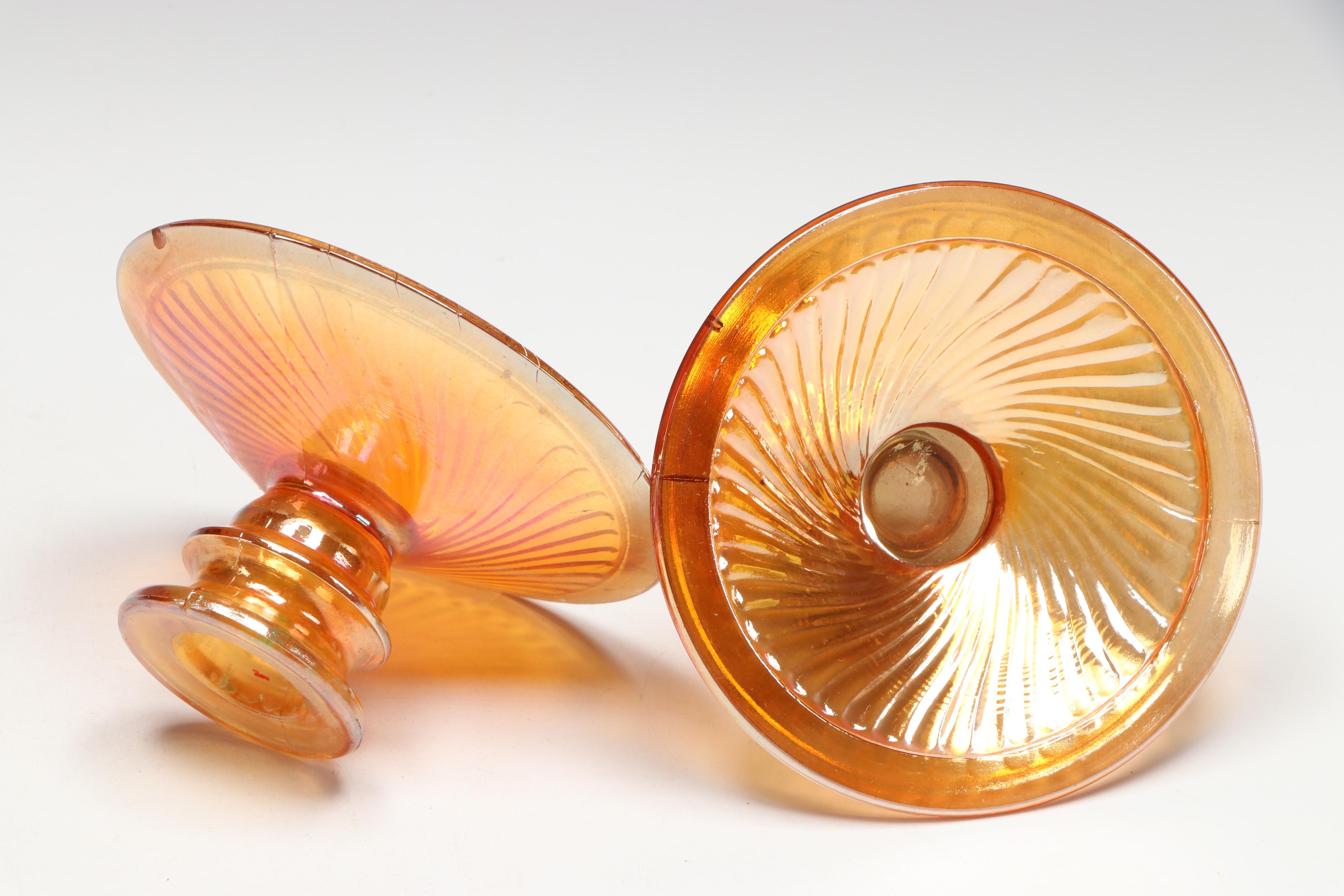 Carnival Glass Footed Bowls, Creamer and Sugar, and Candle Holders