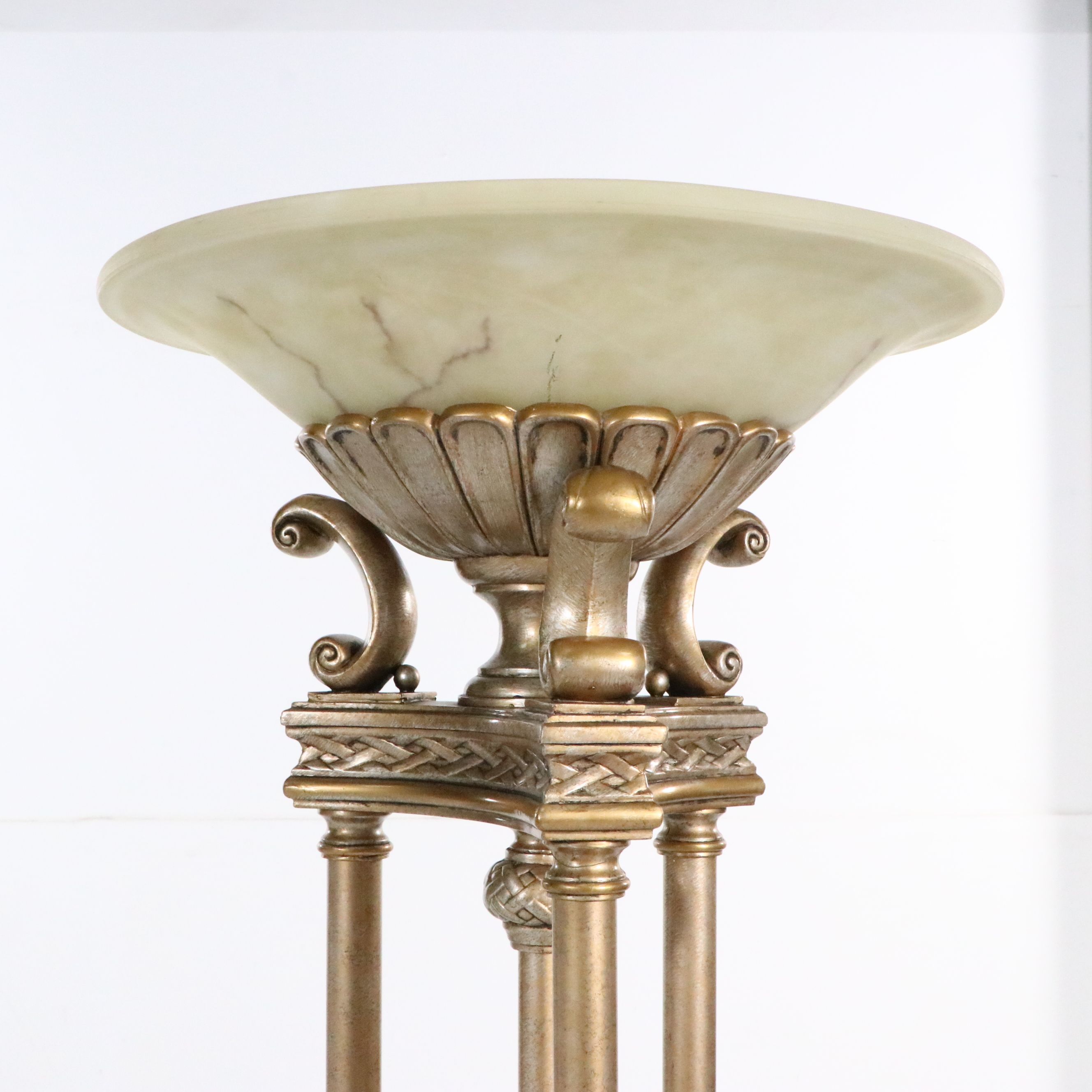 Neoclassical Style Champagne Gilt and Alabaster Glass Torchiere Floor Lamp