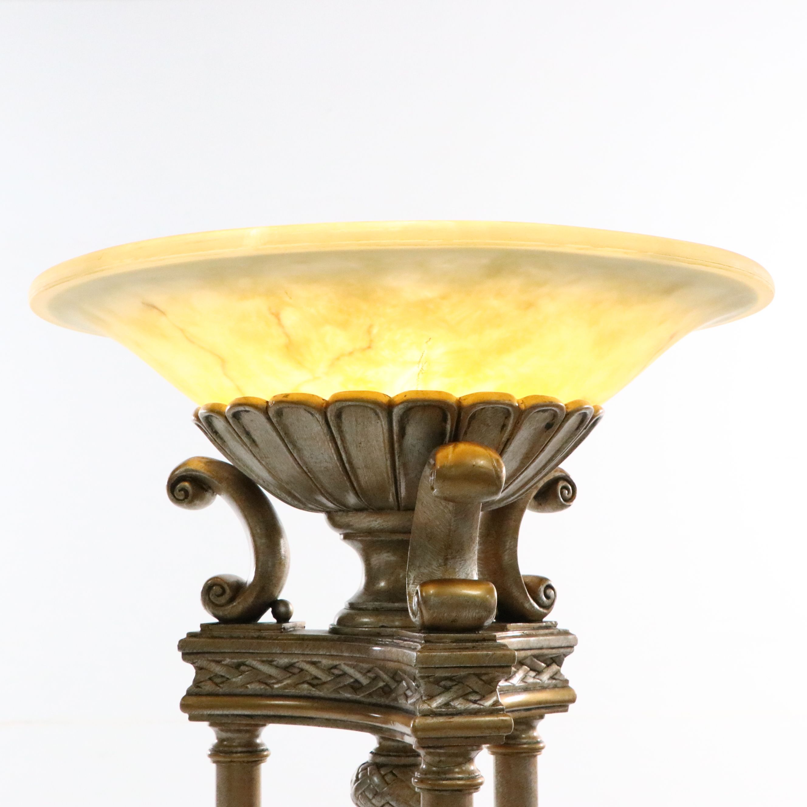Neoclassical Style Champagne Gilt and Alabaster Glass Torchiere Floor Lamp
