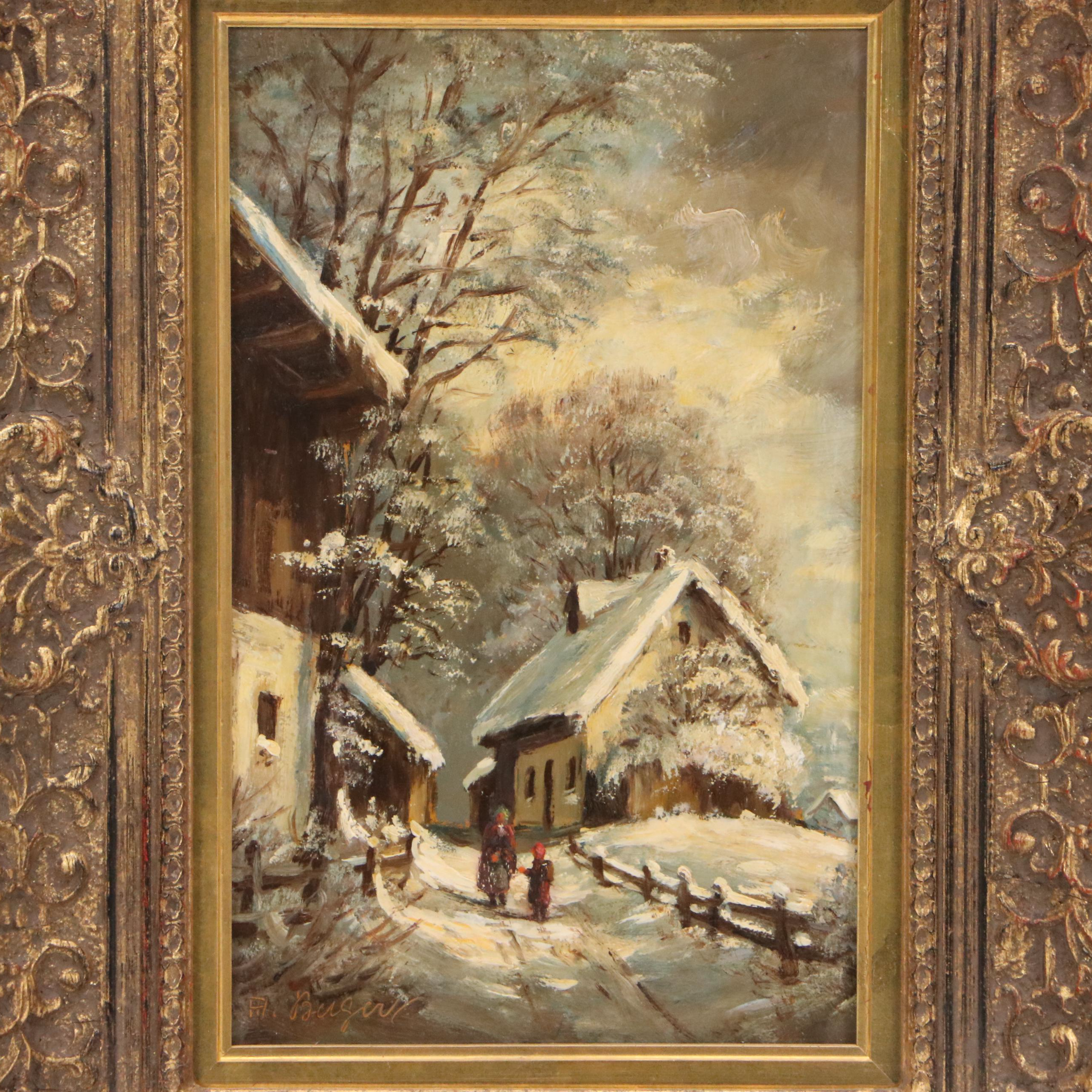 Heinrich Berger Snowy Winter Landscape Oil Painting, Mid-20th Century