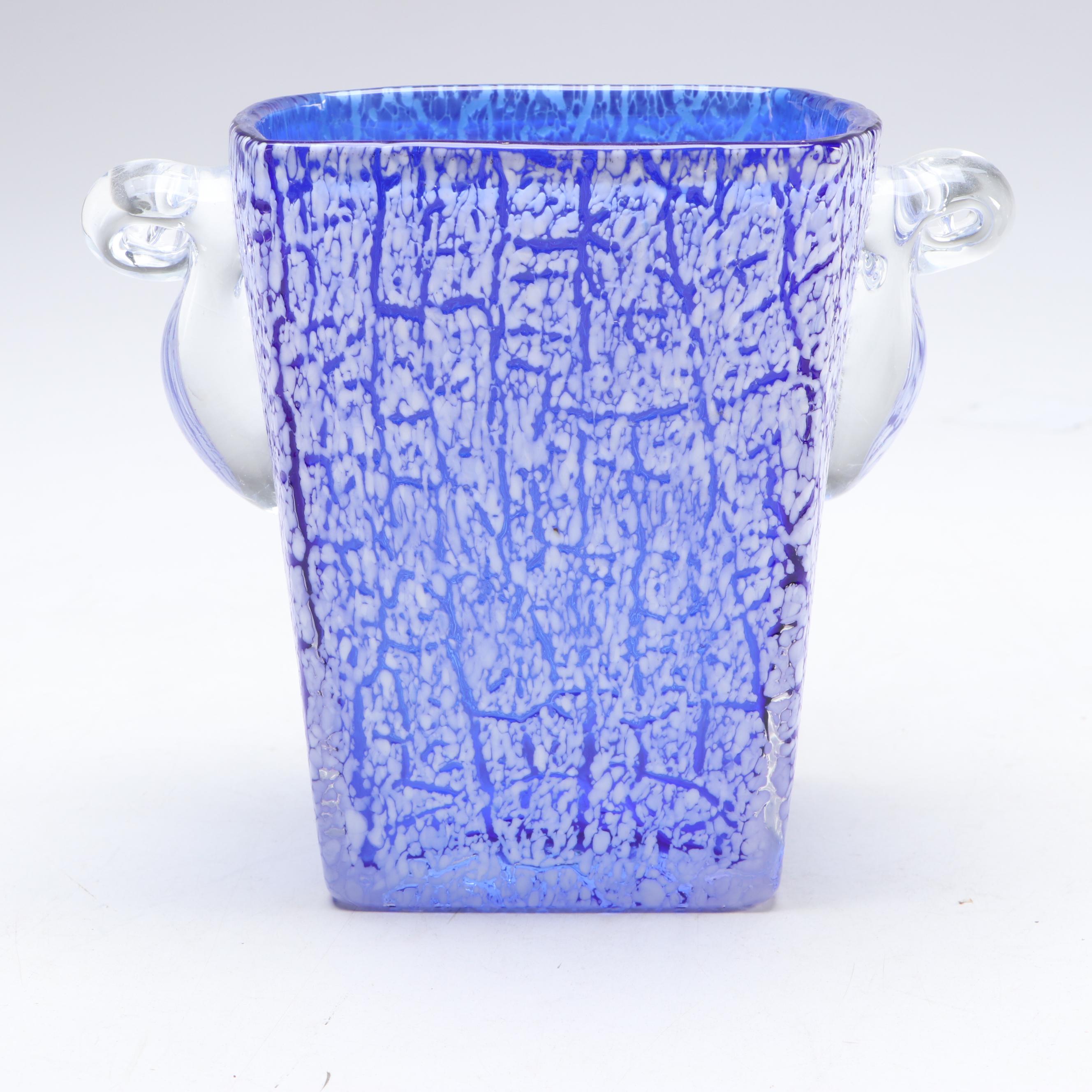Contemporary Cobalt and White Crackle Glass Ice Bucket with Tongs