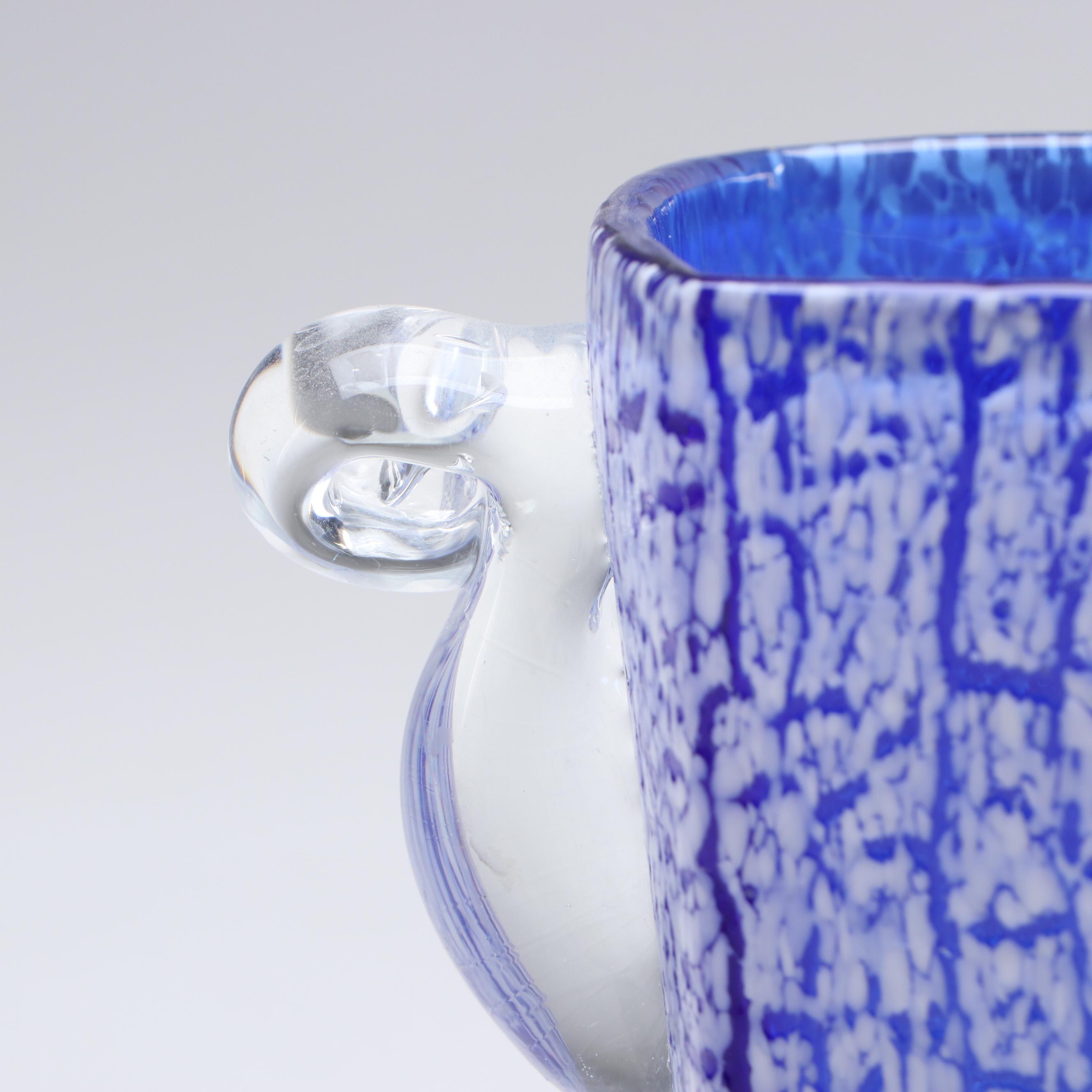 Contemporary Cobalt and White Crackle Glass Ice Bucket with Tongs