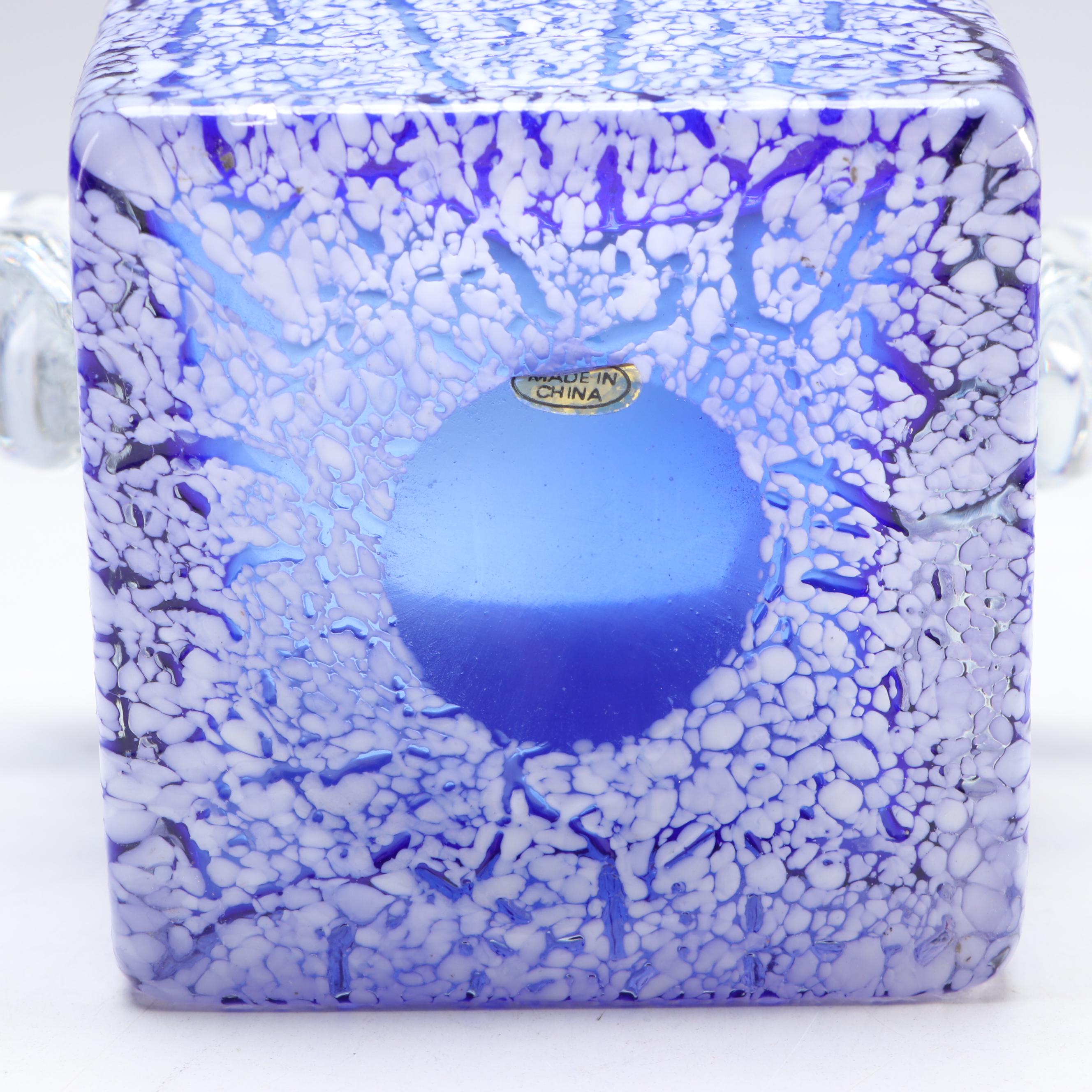 Contemporary Cobalt and White Crackle Glass Ice Bucket with Tongs