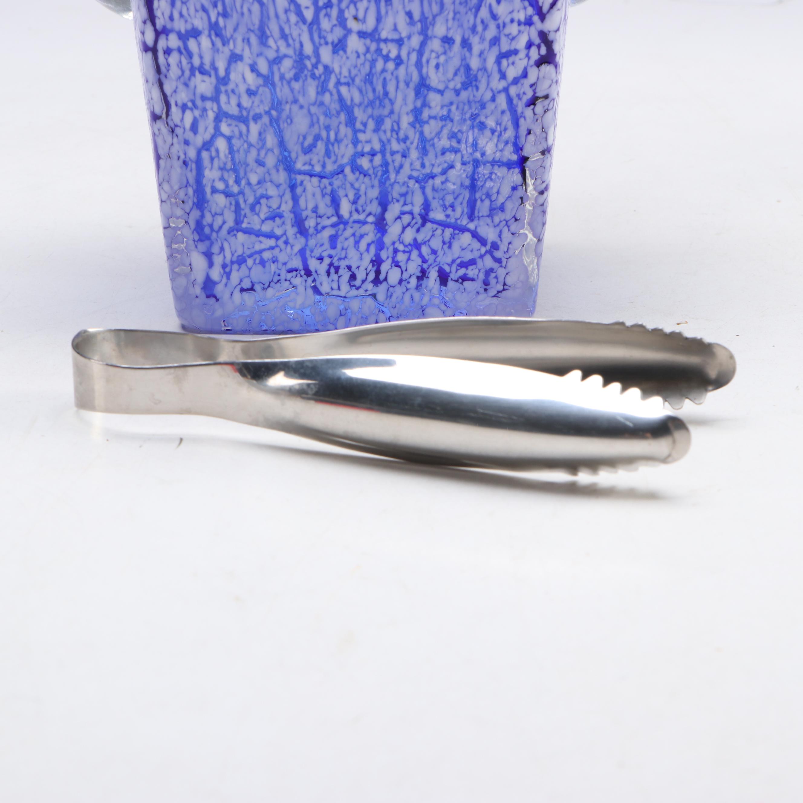 Contemporary Cobalt and White Crackle Glass Ice Bucket with Tongs