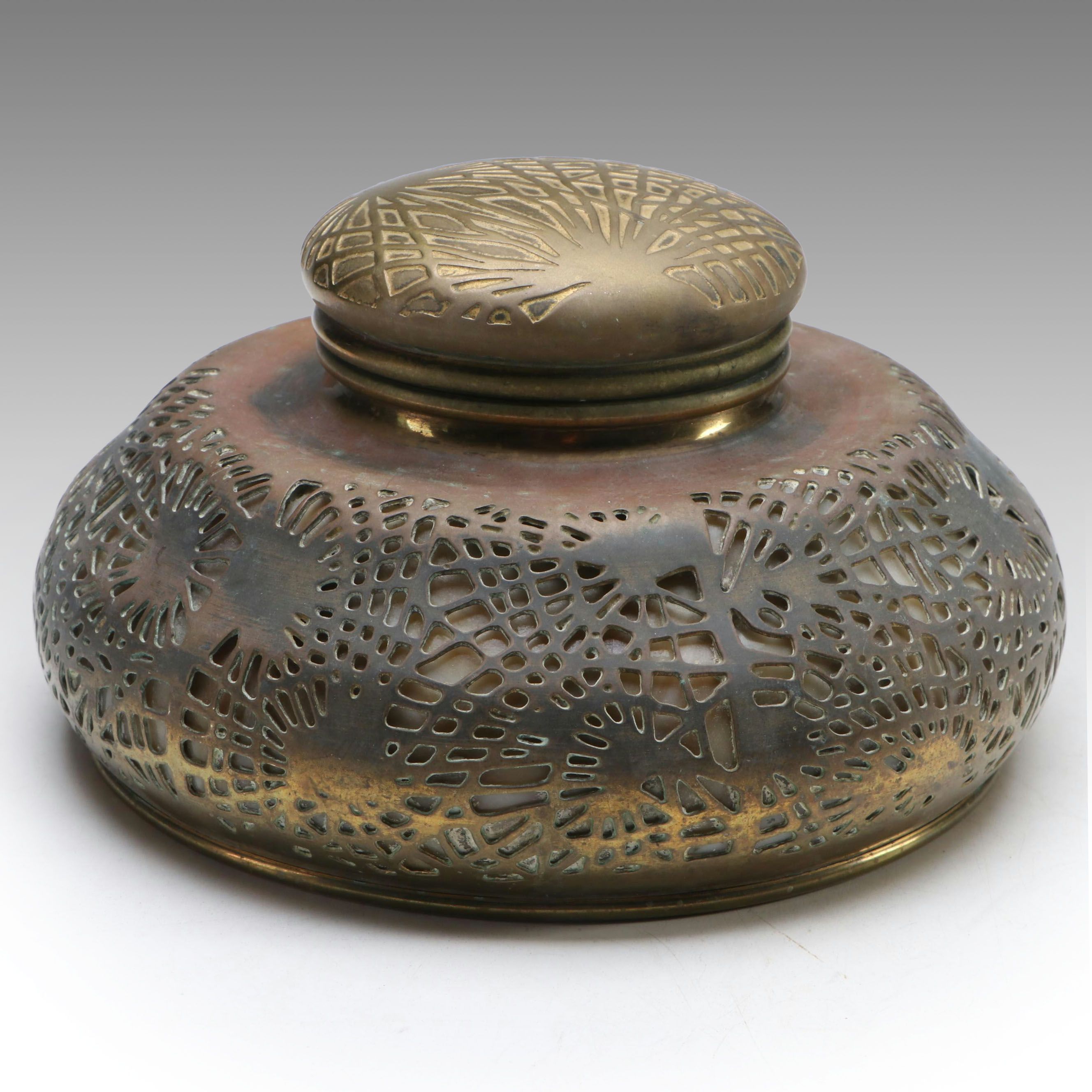 Tiffany Studios "Pine Needle" Bronze d'Or and Glass Inkwell