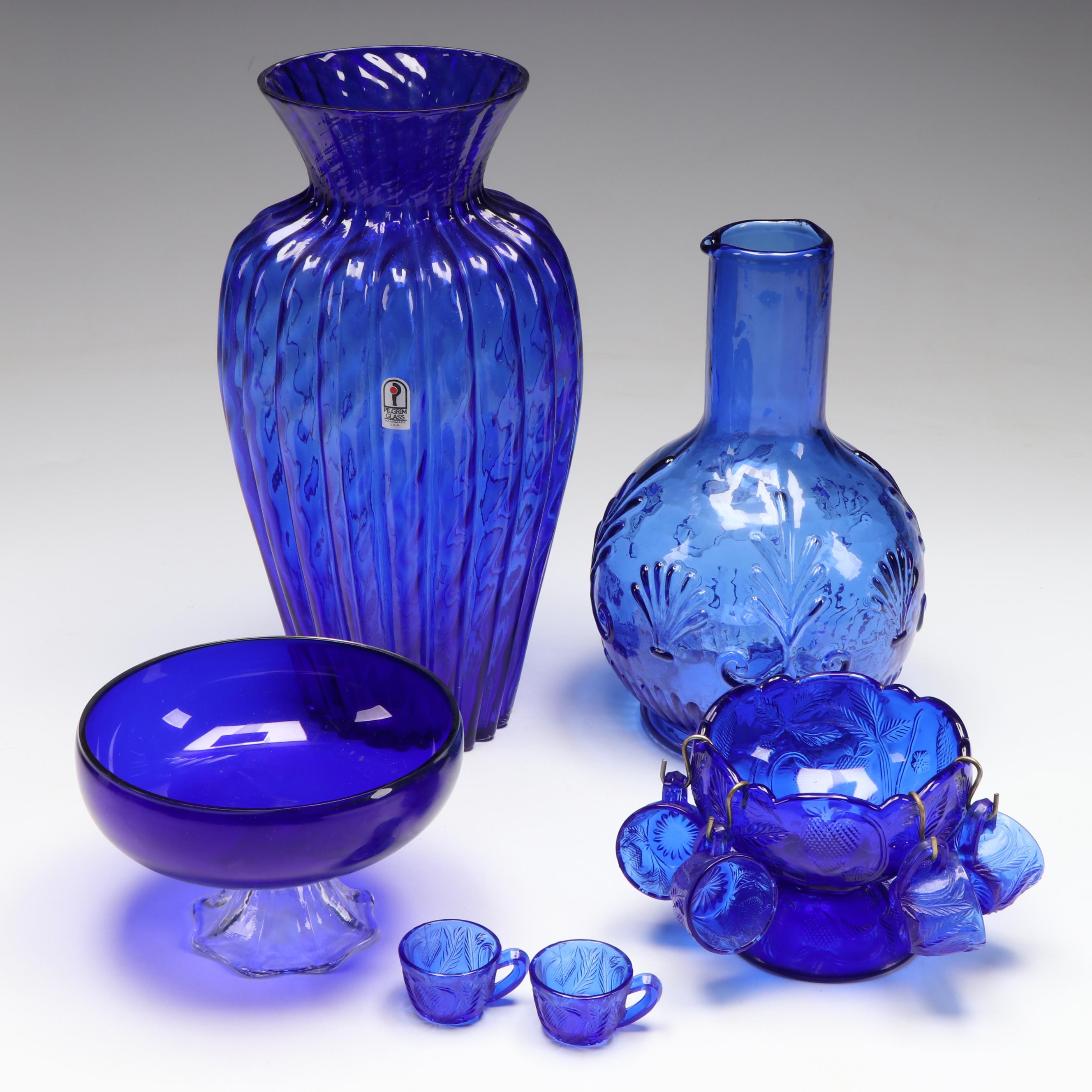 Cobalt Blue Glass Vases, Footed Bowl, and Punch Bowl and Cups