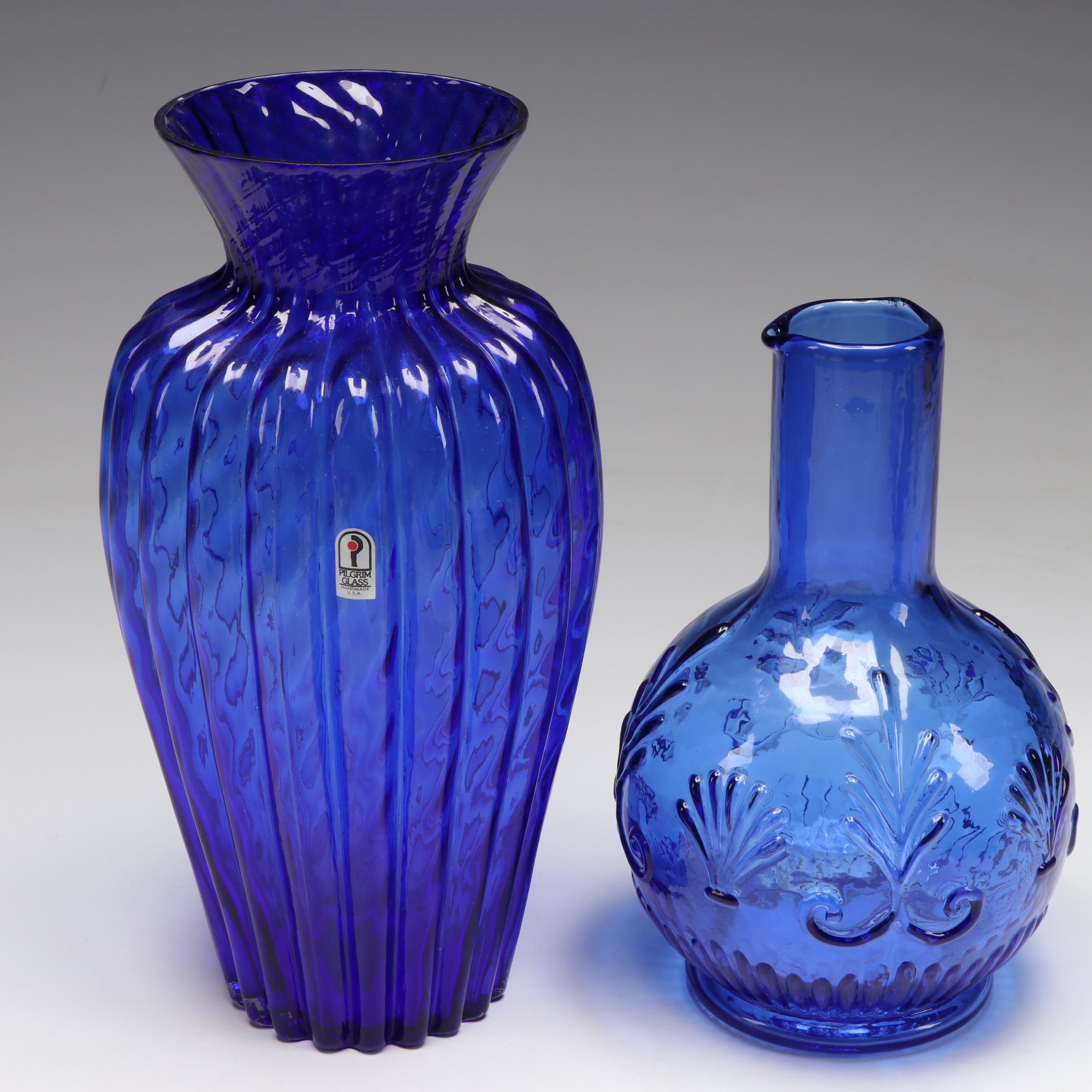 Cobalt Blue Glass Vases, Footed Bowl, and Punch Bowl and Cups