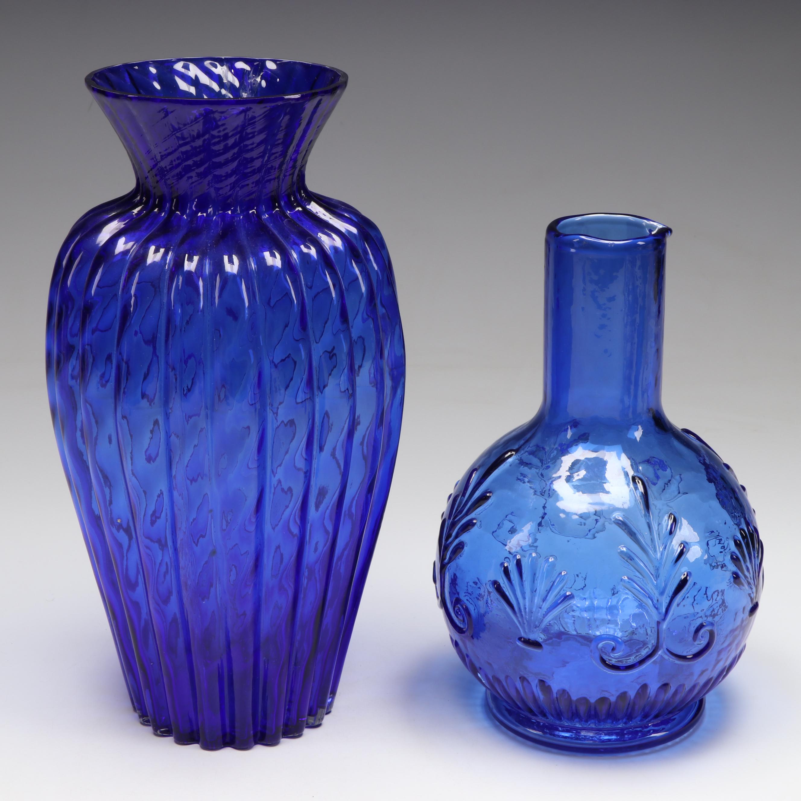 Cobalt Blue Glass Vases, Footed Bowl, and Punch Bowl and Cups