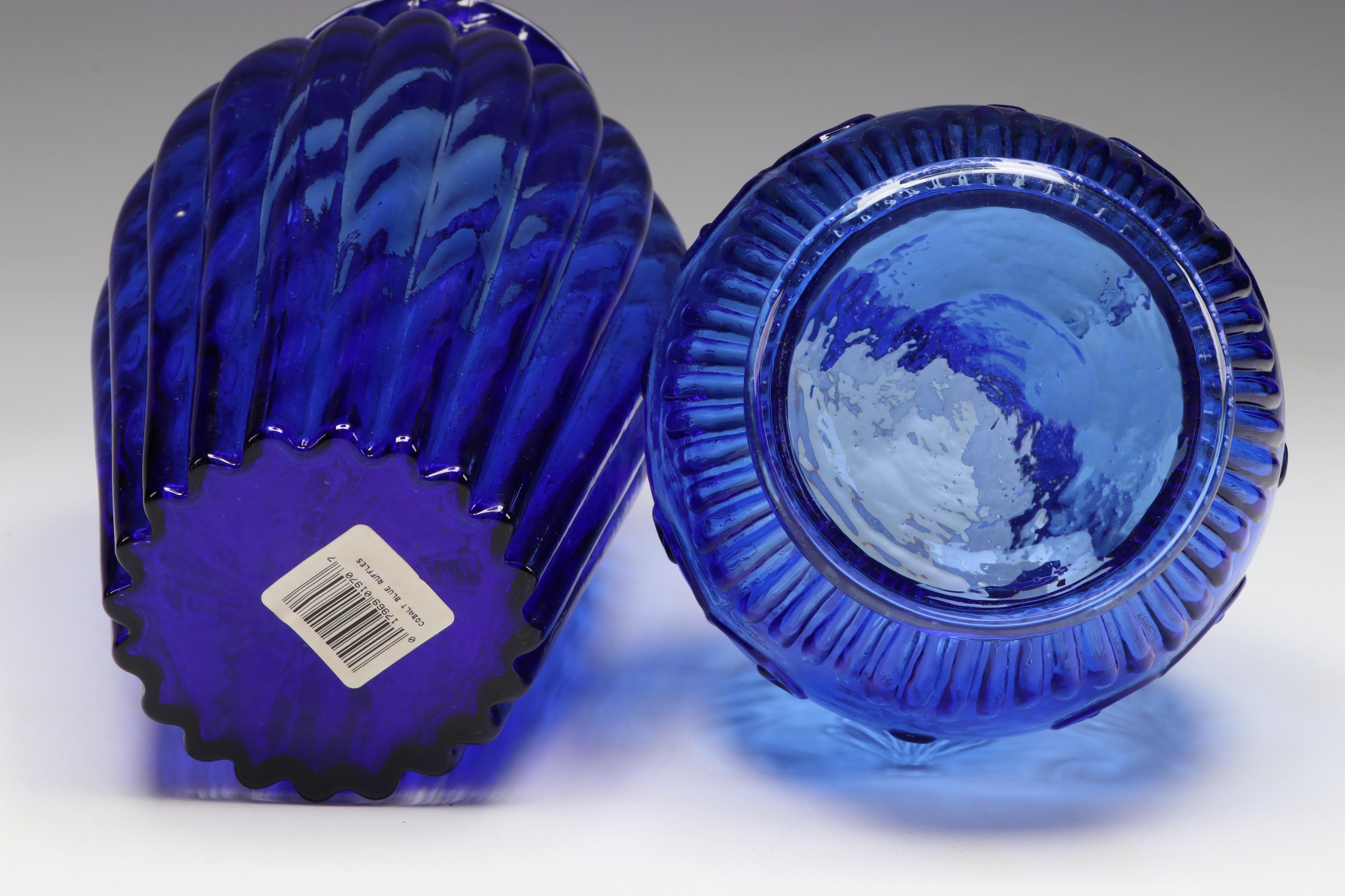 Cobalt Blue Glass Vases, Footed Bowl, and Punch Bowl and Cups